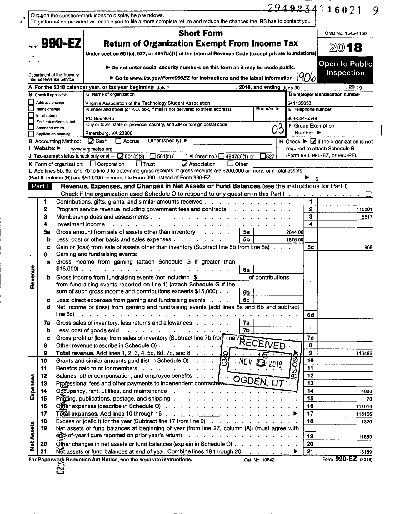 Image of first page of 2018 Form 990EZ for Technology Student Association / Va Dept Ed