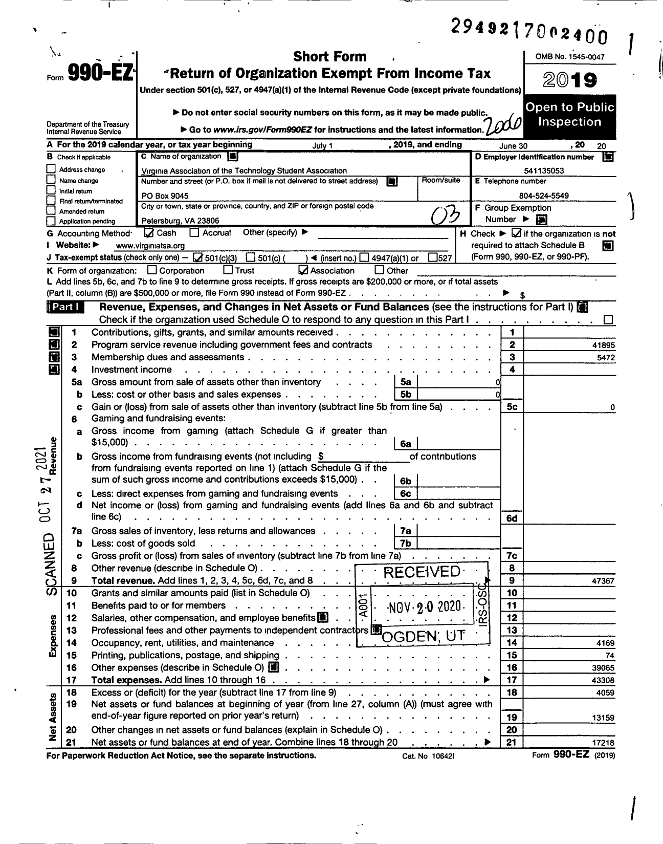 Image of first page of 2019 Form 990EZ for Technology Student Association / Va Dept Ed