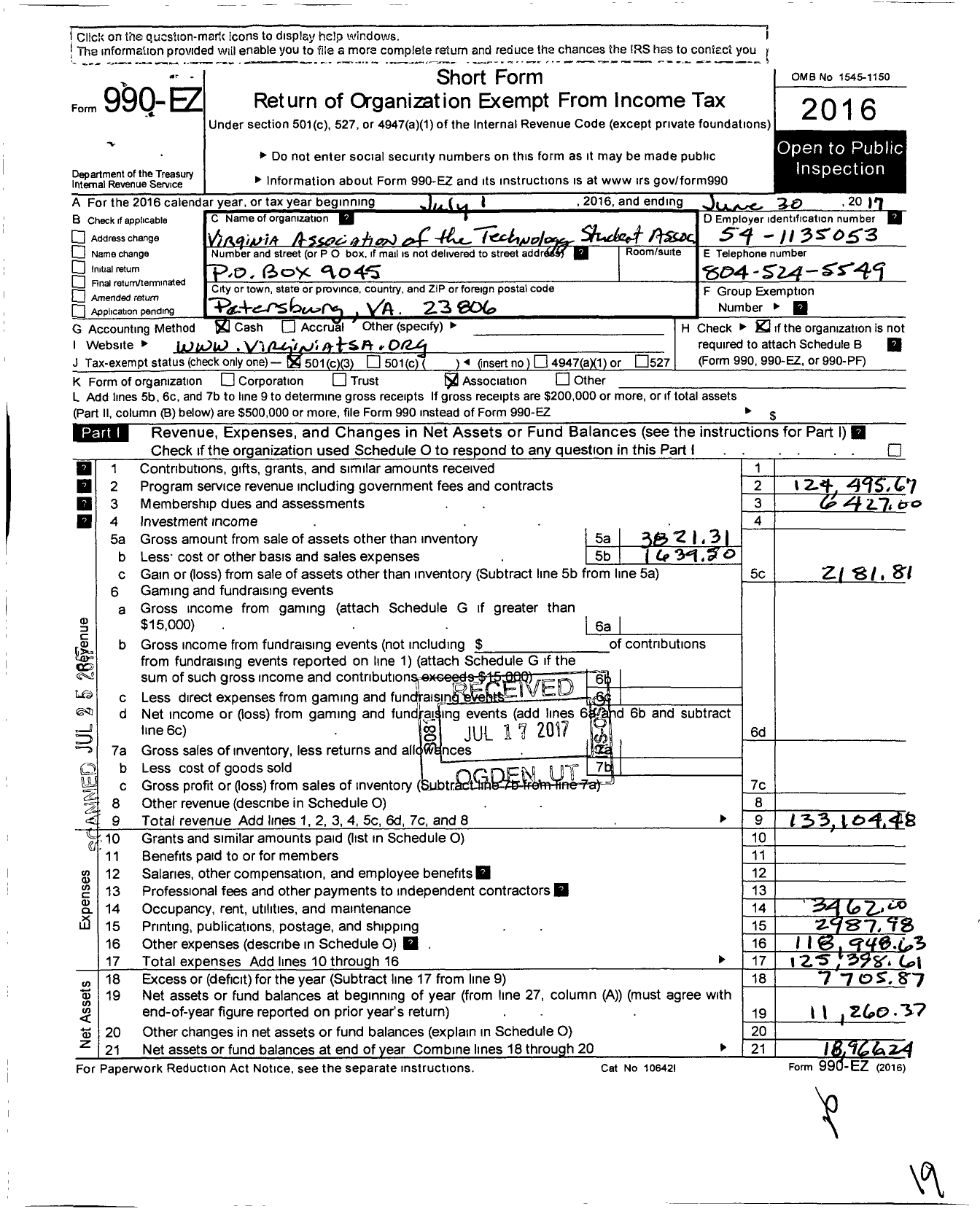 Image of first page of 2016 Form 990EZ for Technology Student Association / Va Dept Ed