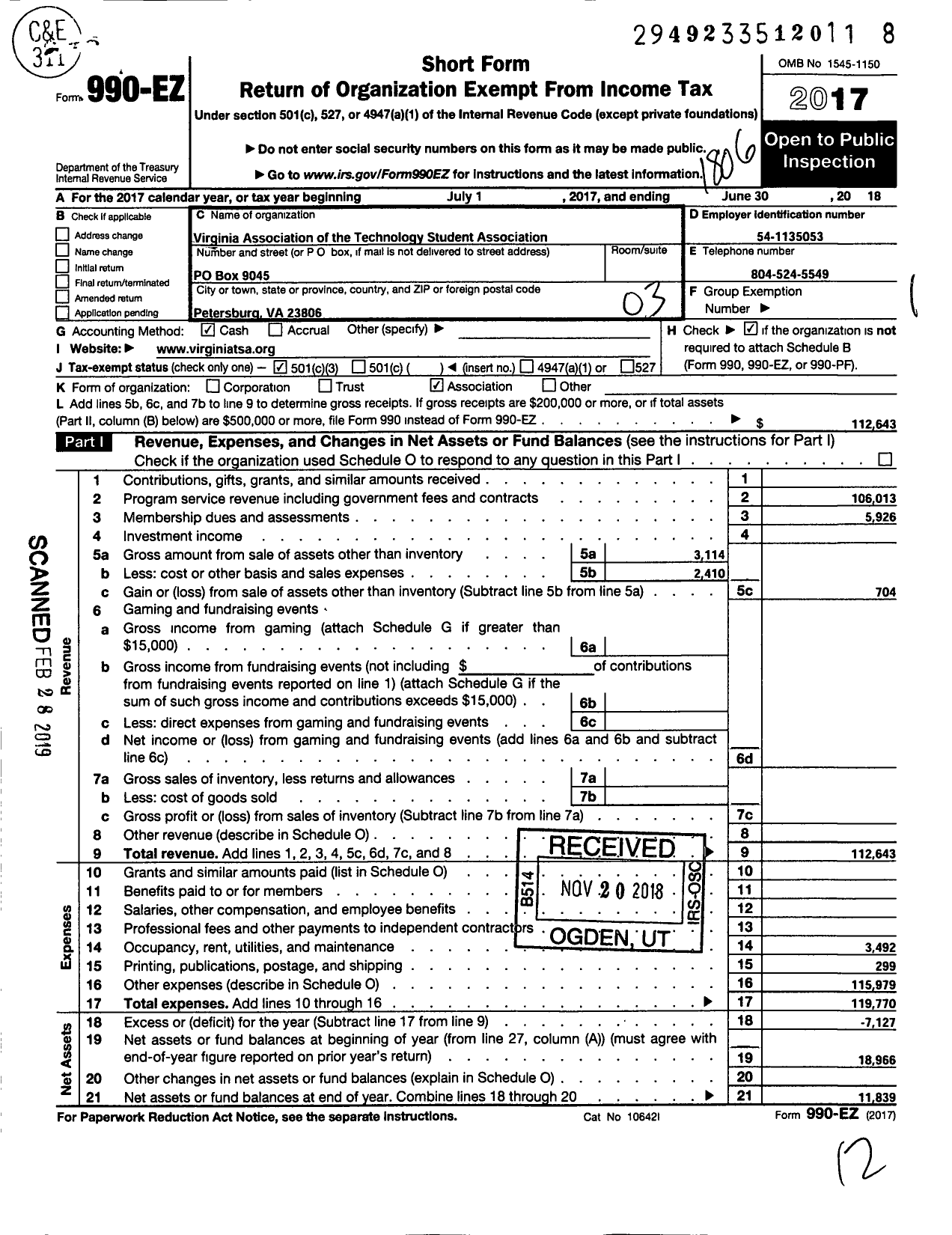 Image of first page of 2017 Form 990EZ for Technology Student Association / Va Dept Ed