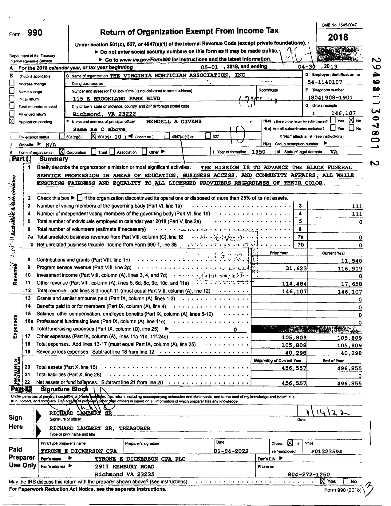 Image of first page of 2018 Form 990O for Virginia Morticians Association