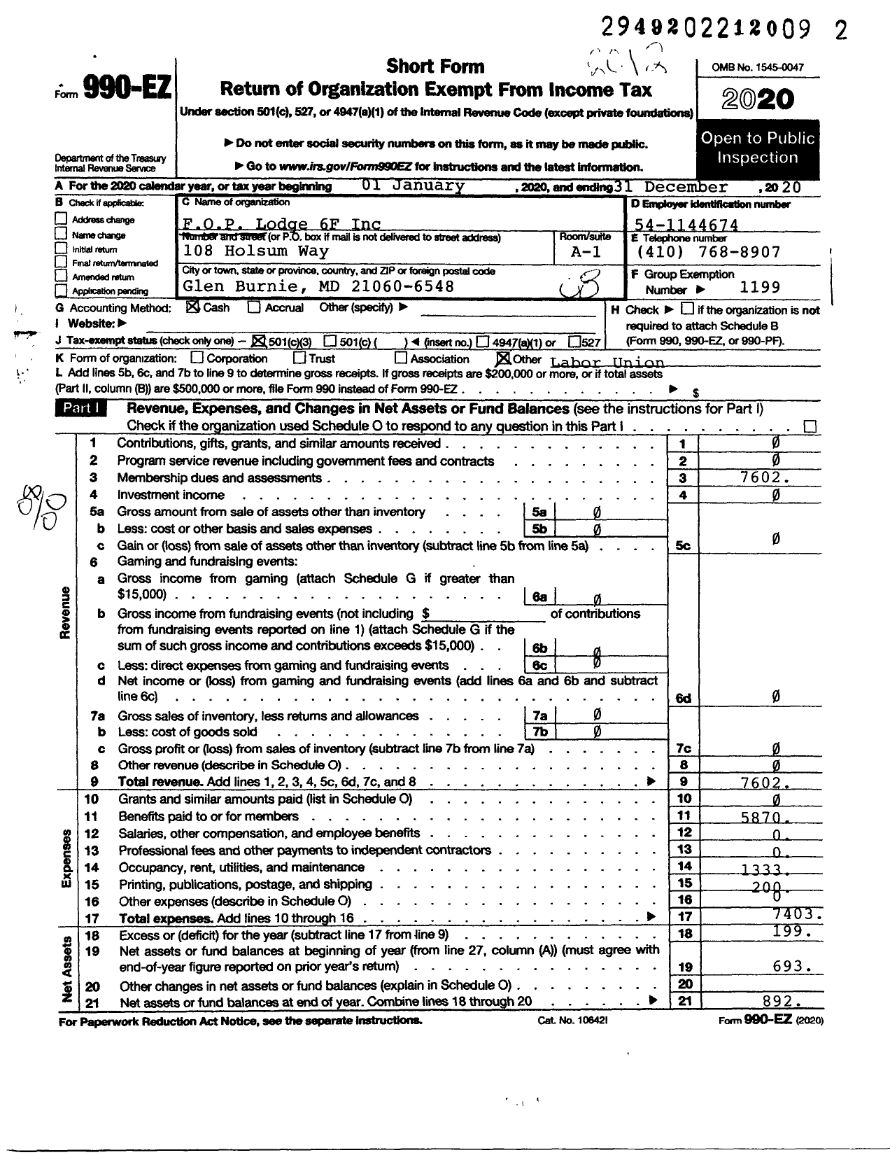 Image of first page of 2020 Form 990EO for Fraternal Order of Police - 06f Federal Lodge