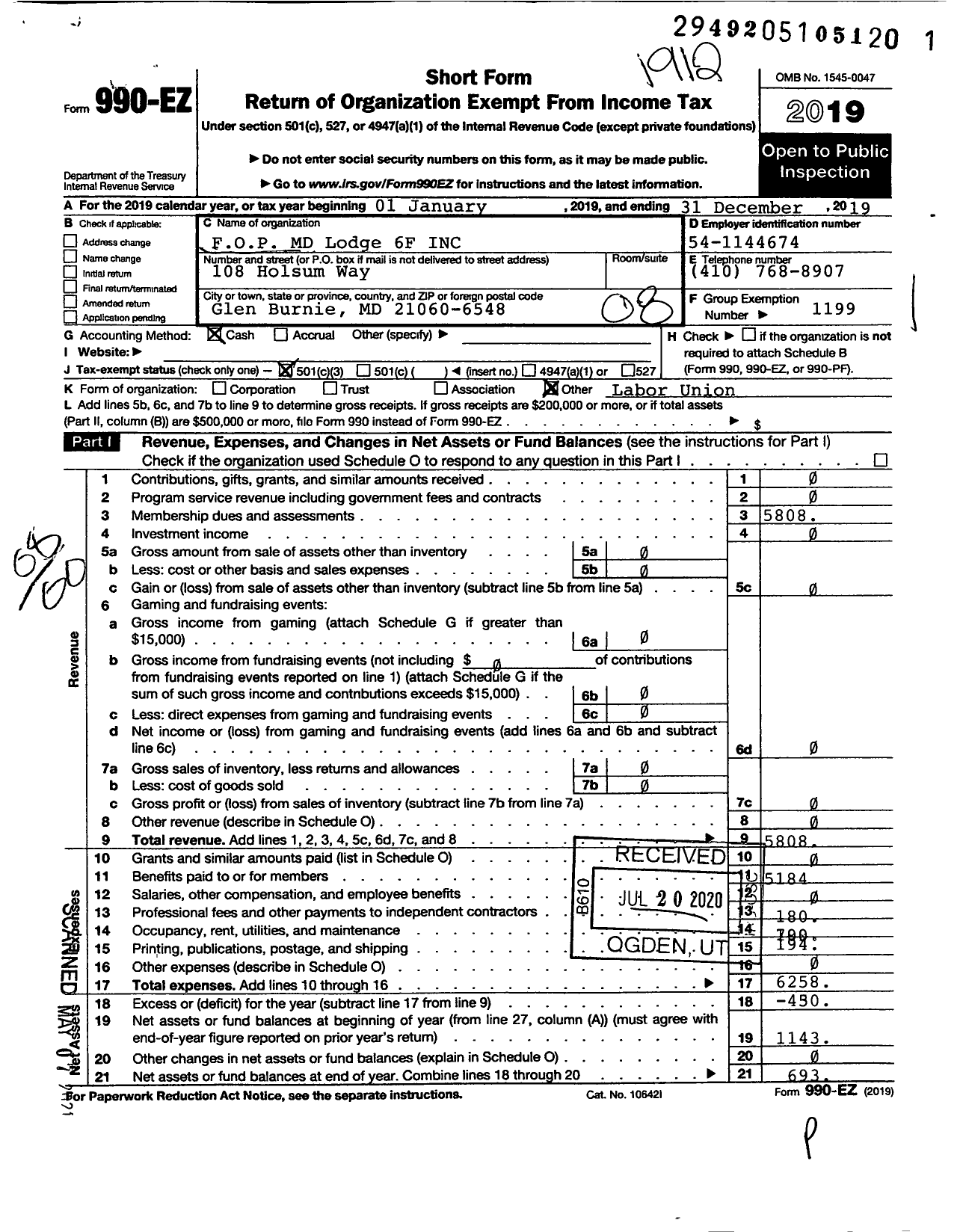 Image of first page of 2019 Form 990EO for Fraternal Order of Police - 06f Federal Lodge