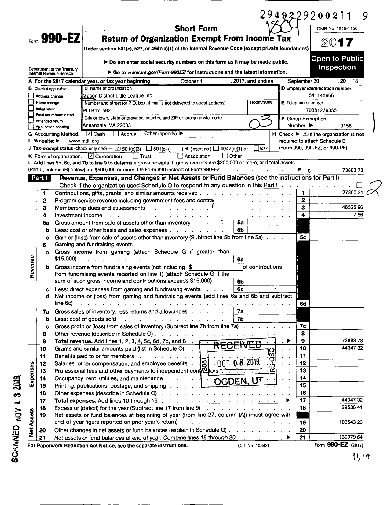 Image of first page of 2017 Form 990EZ for Little League Baseball - 3460408 Mason District LL