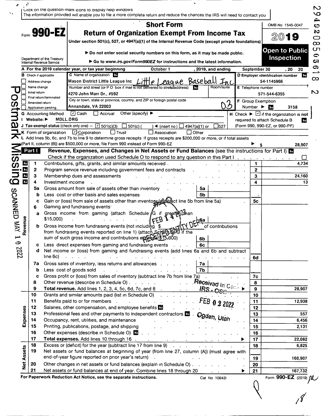 Image of first page of 2019 Form 990EZ for Little League Baseball - 3460408 Mason District LL