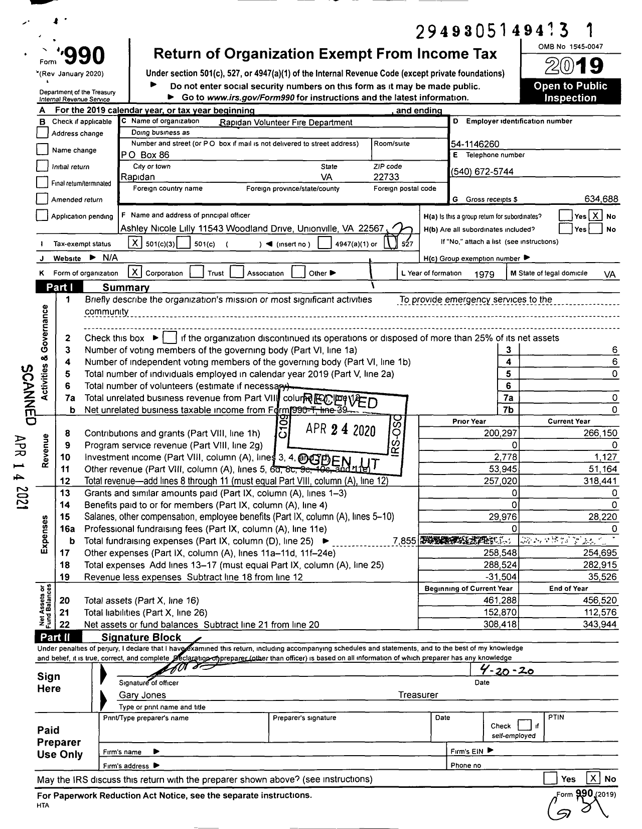 Image of first page of 2019 Form 990 for Rapidan Volunteer Fire Department