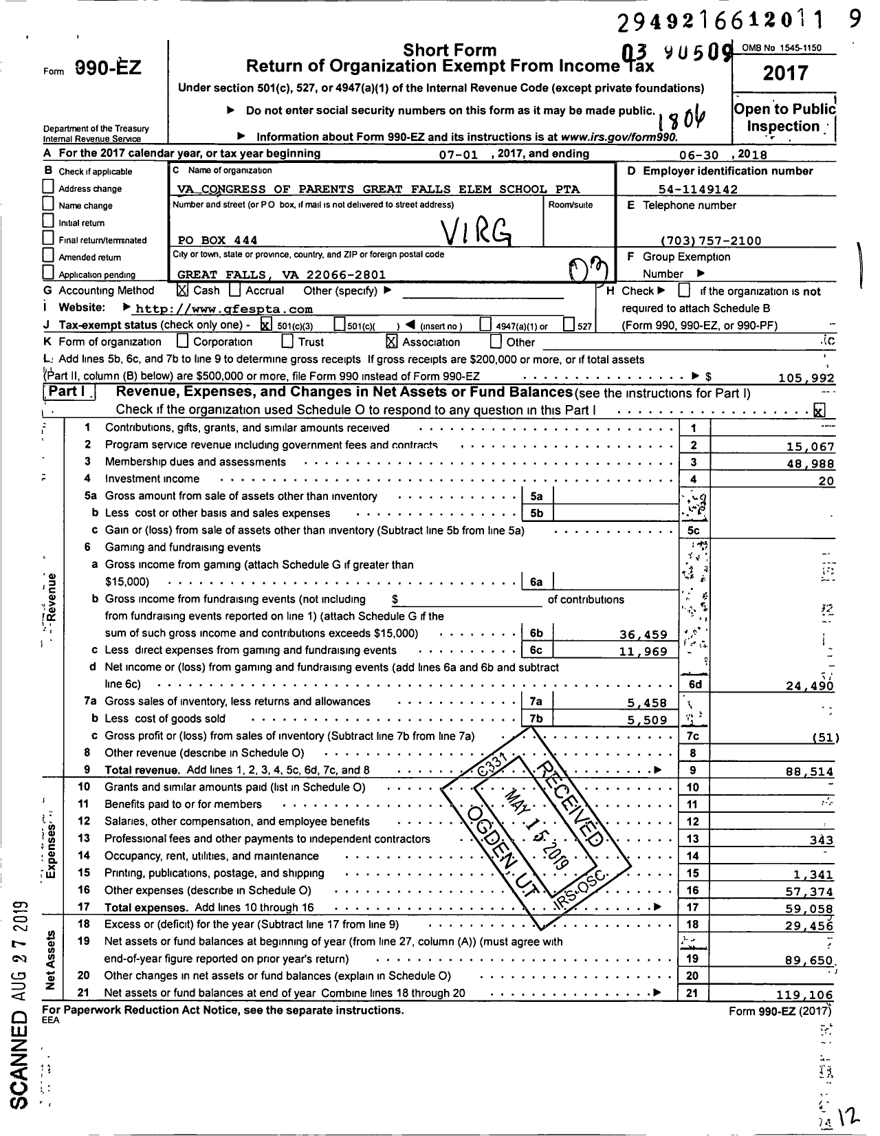 Image of first page of 2017 Form 990EZ for Virginia PTA - Great Falls Elementary School PTA