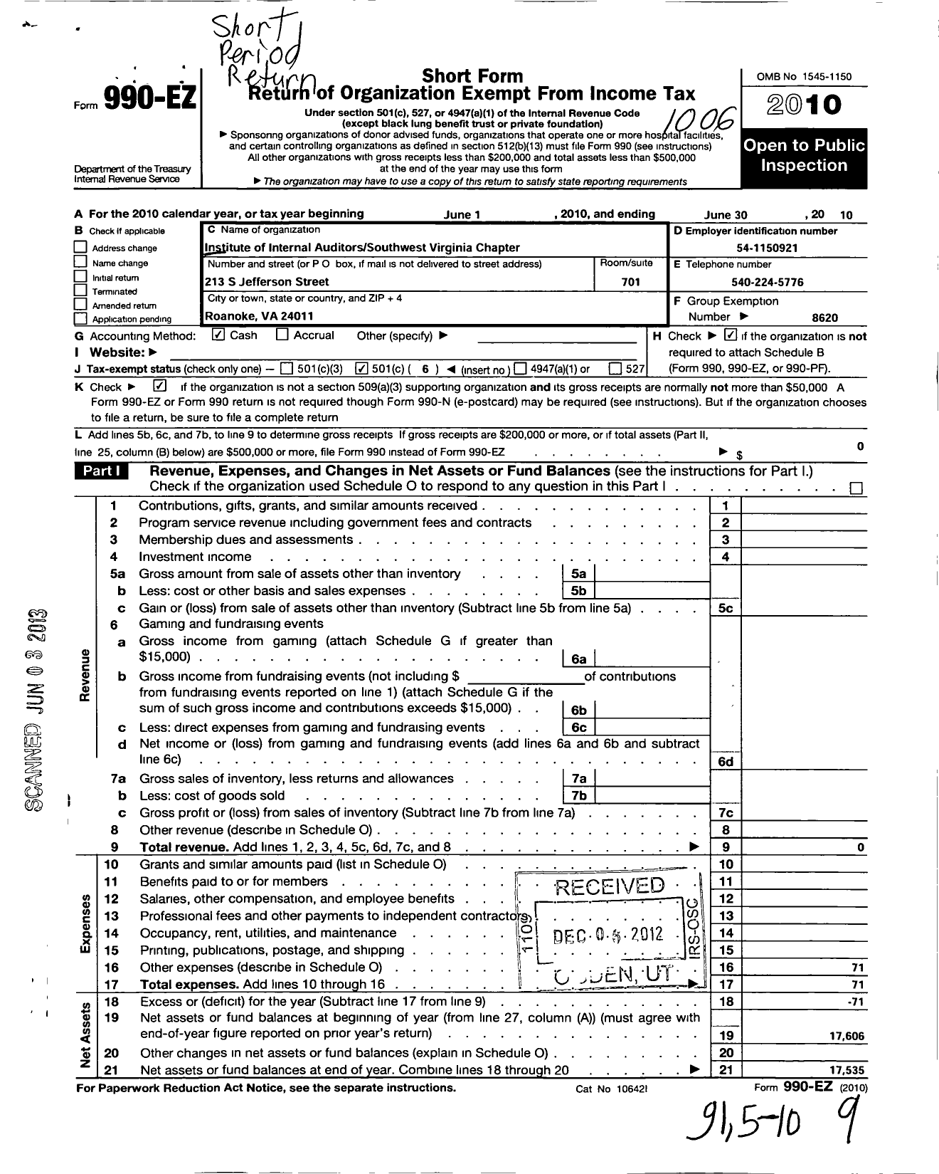 Image of first page of 2009 Form 990EO for Institute of Internal Auditors / Southwest Virginia Chapter