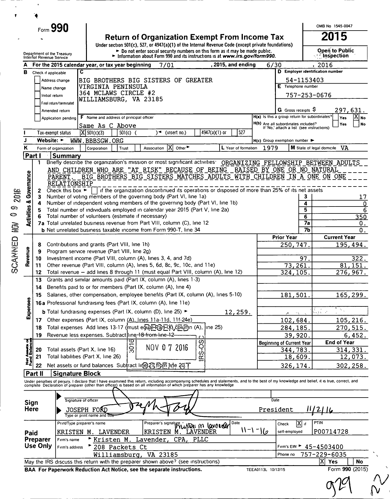 Image of first page of 2015 Form 990 for Big Brothers Big Sisters of the Greater Virginia Peninsula