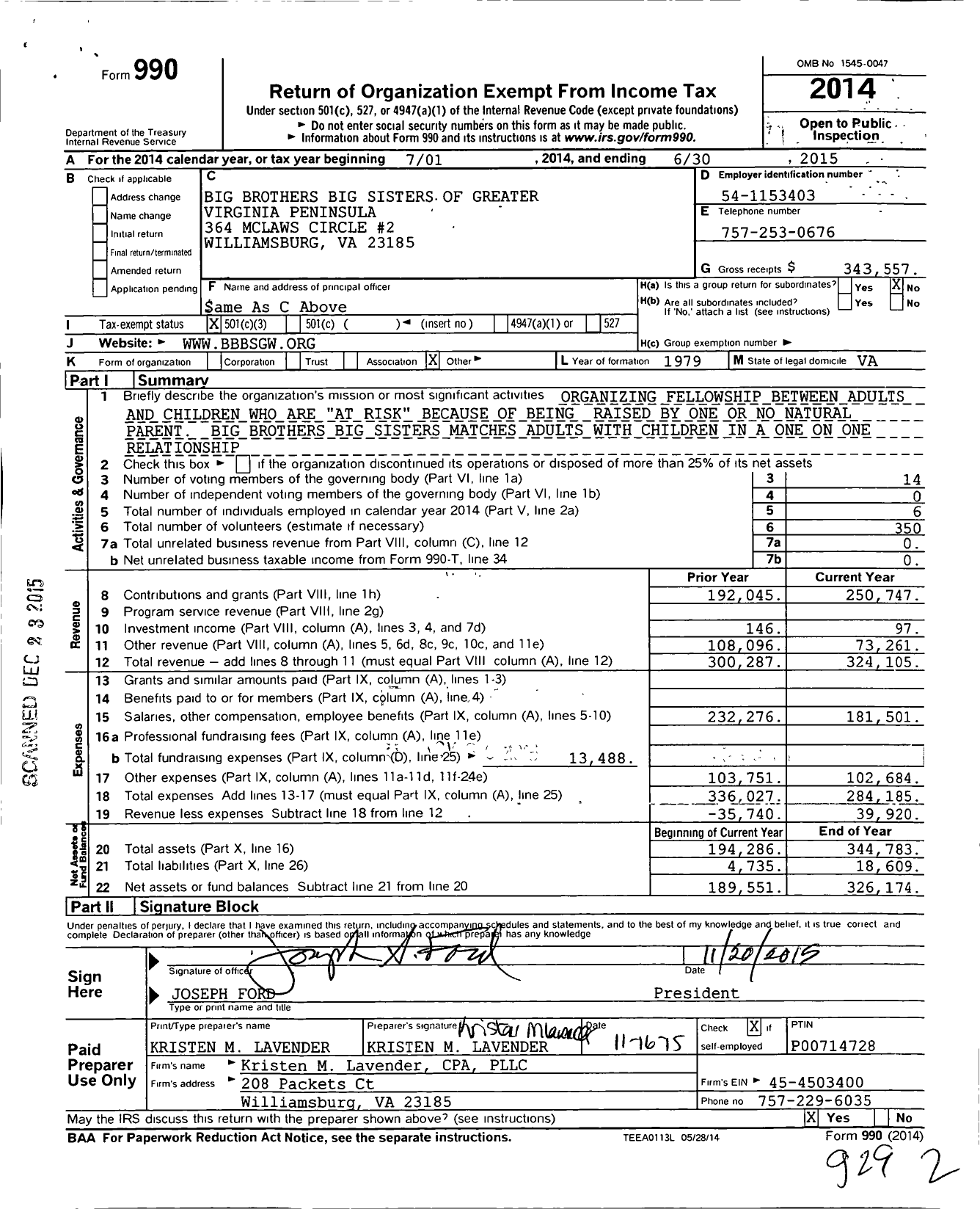 Image of first page of 2014 Form 990 for Big Brothers Big Sisters of the Greater Virginia Peninsula