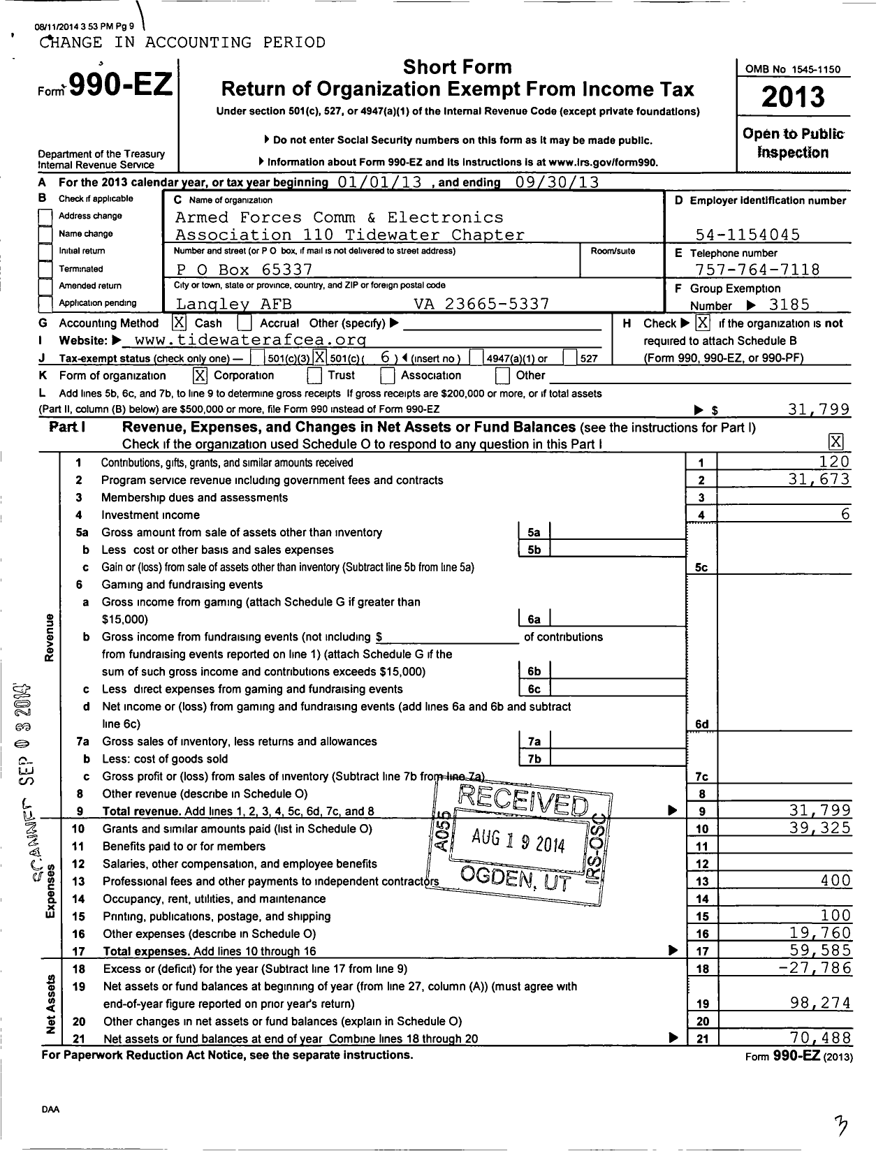 Image of first page of 2012 Form 990EO for Armed Forces Communications and Electronics Association / Tidewater Chapter