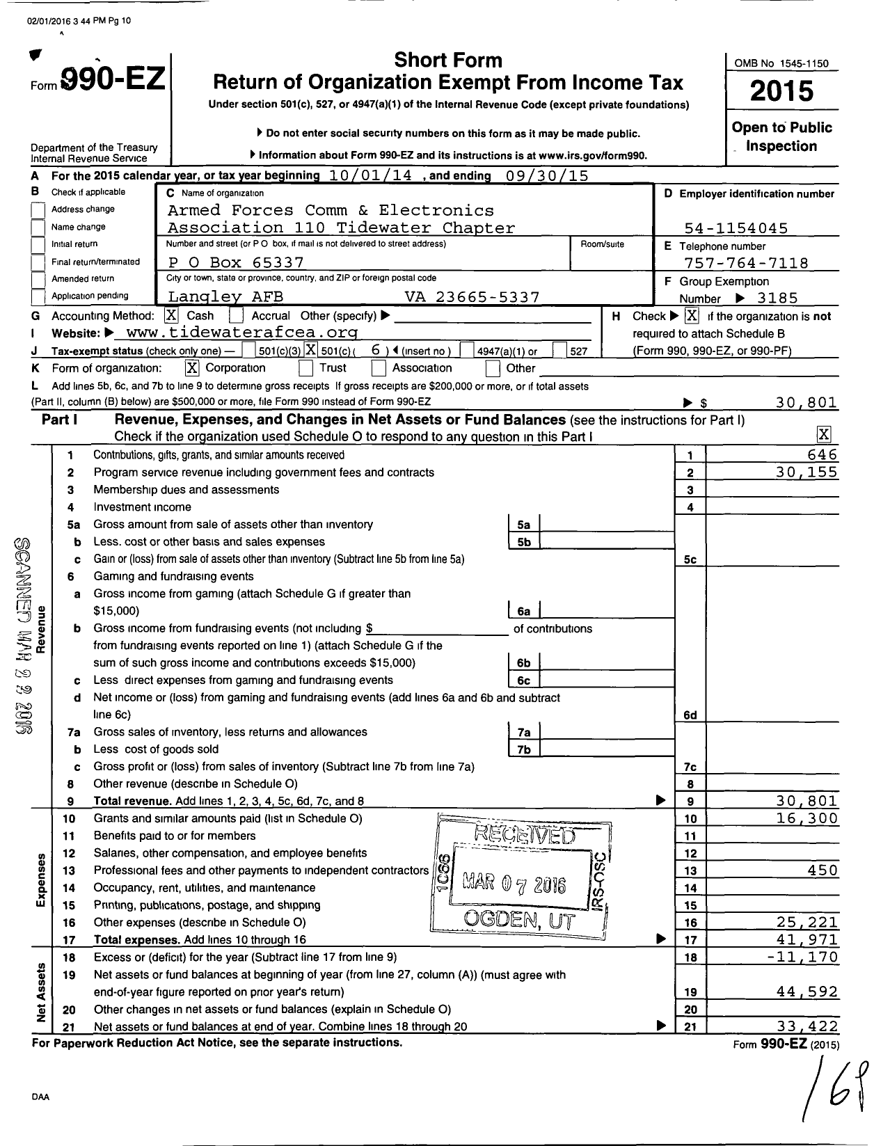 Image of first page of 2014 Form 990EO for Armed Forces Communications and Electronics Association / Tidewater Chapter