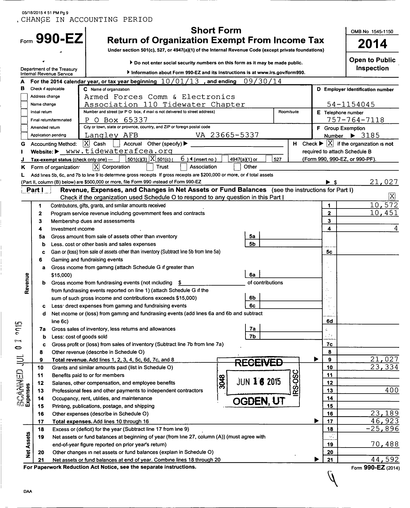 Image of first page of 2013 Form 990EO for Armed Forces Communications and Electronics Association / Tidewater Chapter