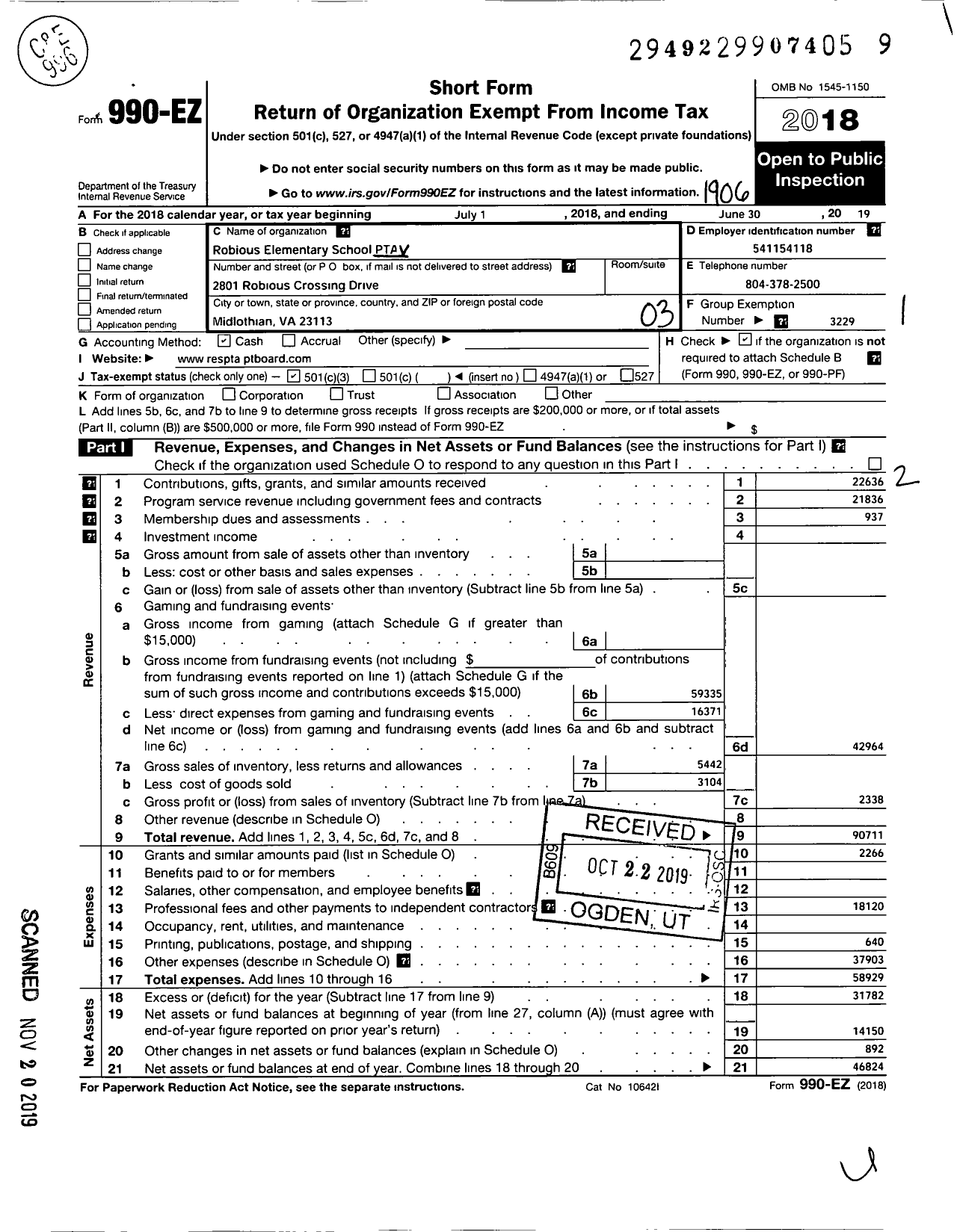 Image of first page of 2018 Form 990EZ for Virginia PTA - Robious Elem PTA