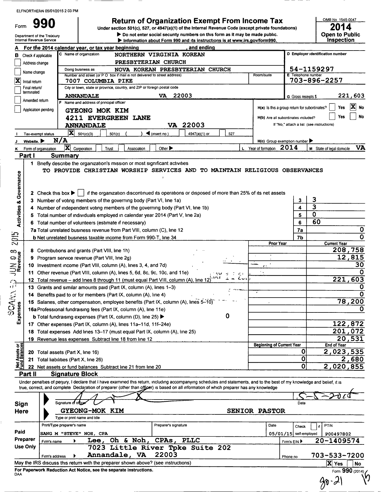 Image of first page of 2014 Form 990 for North Virginia Korean Presbyterian Church
