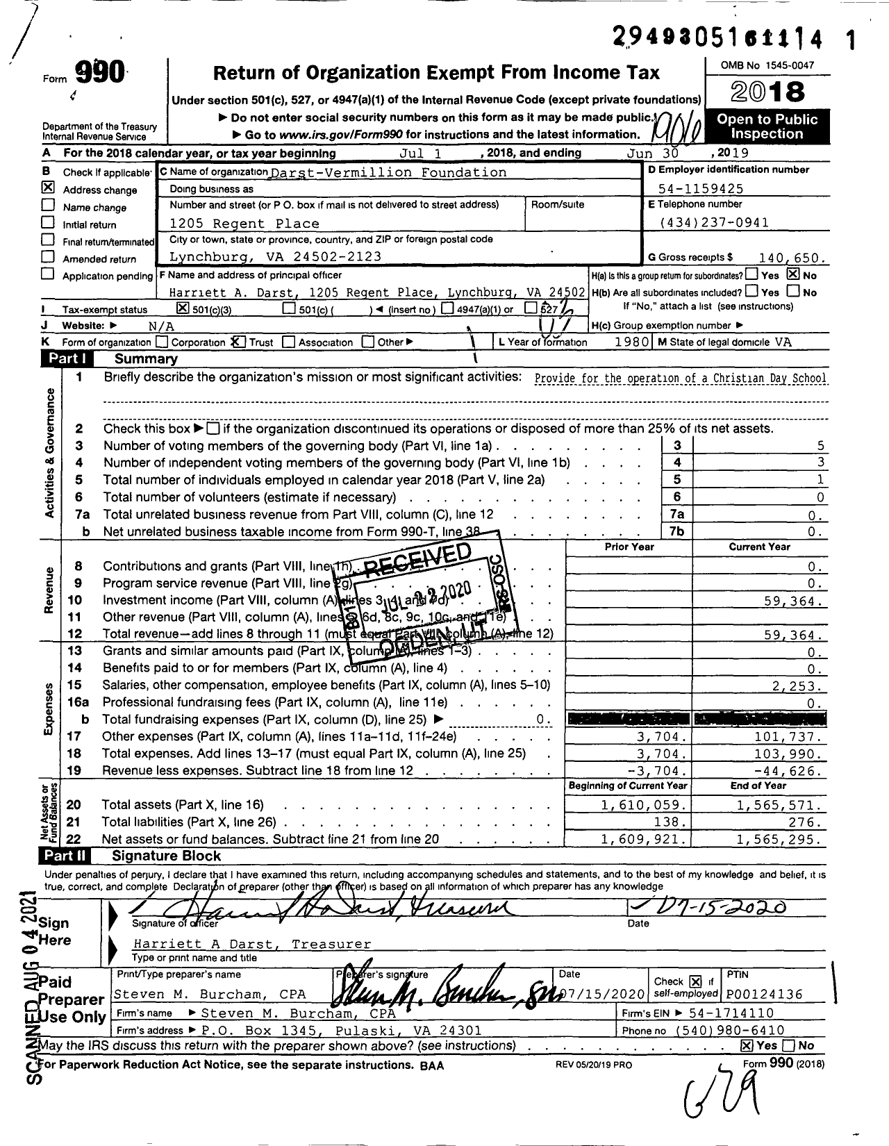 Image of first page of 2018 Form 990 for Darst-Vermillion Foundation