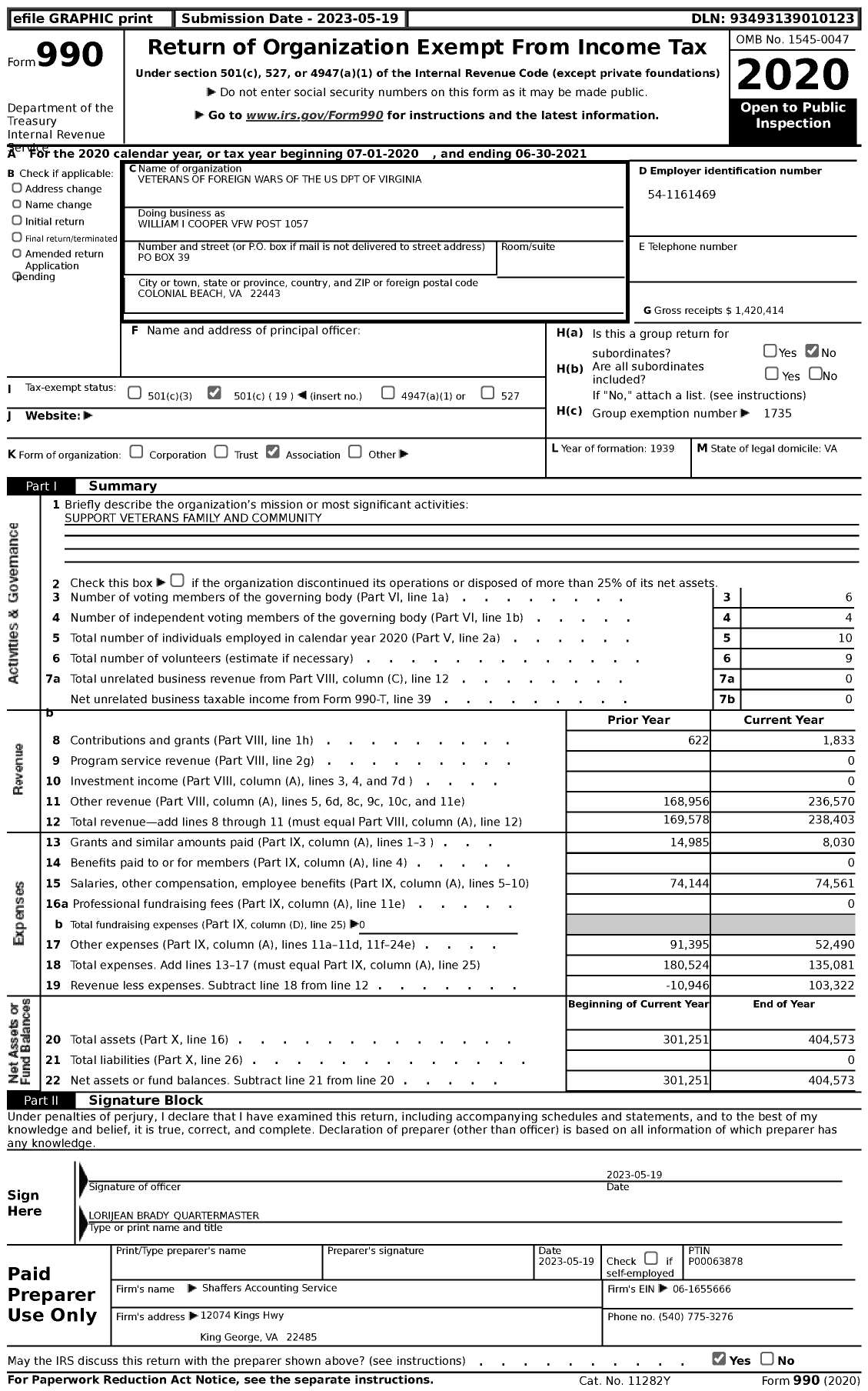 Image of first page of 2020 Form 990 for VFW Virginia - William I Cooper VFW Post 1057