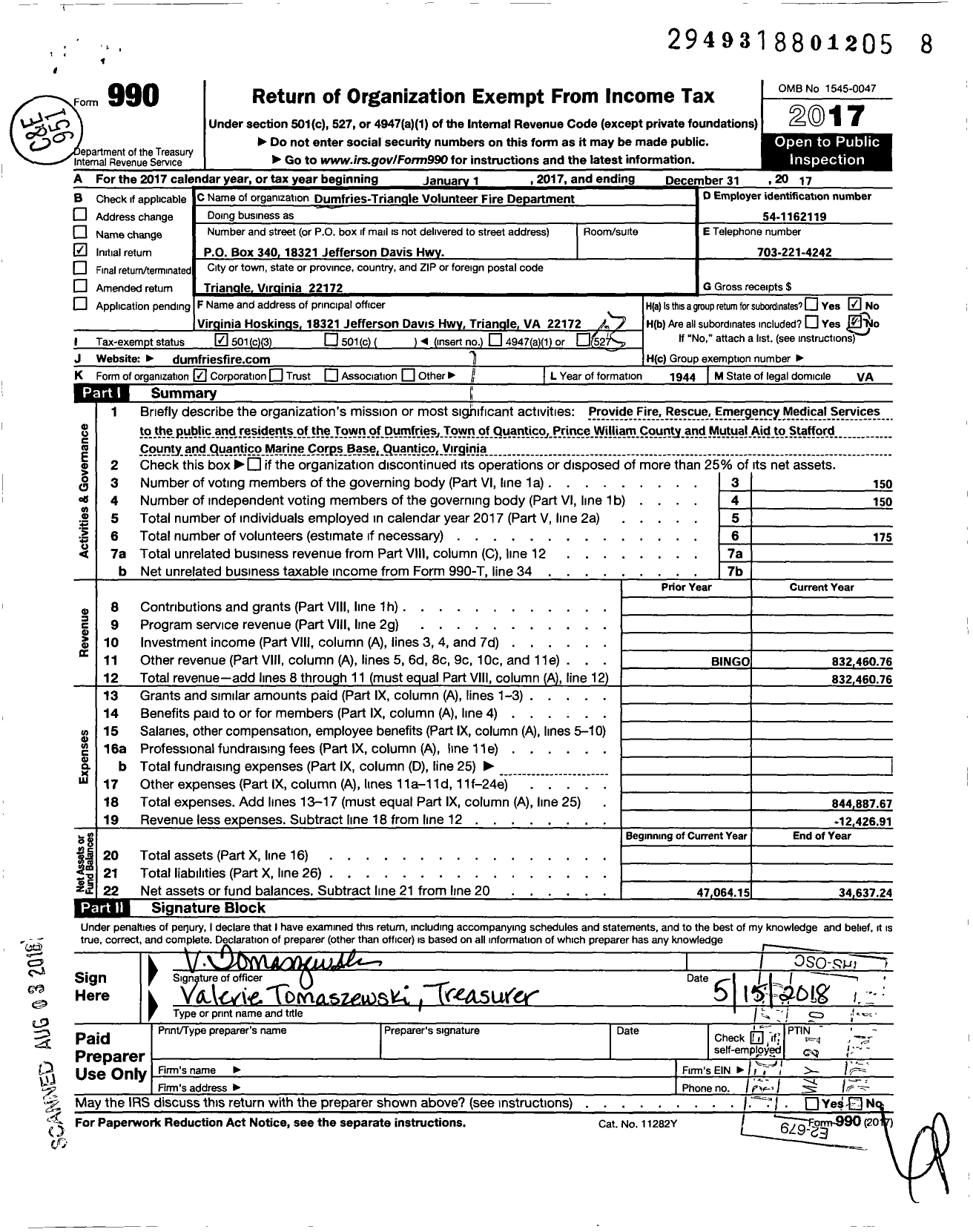 Image of first page of 2017 Form 990 for Dumfries Triangle Volunteer Fire Department