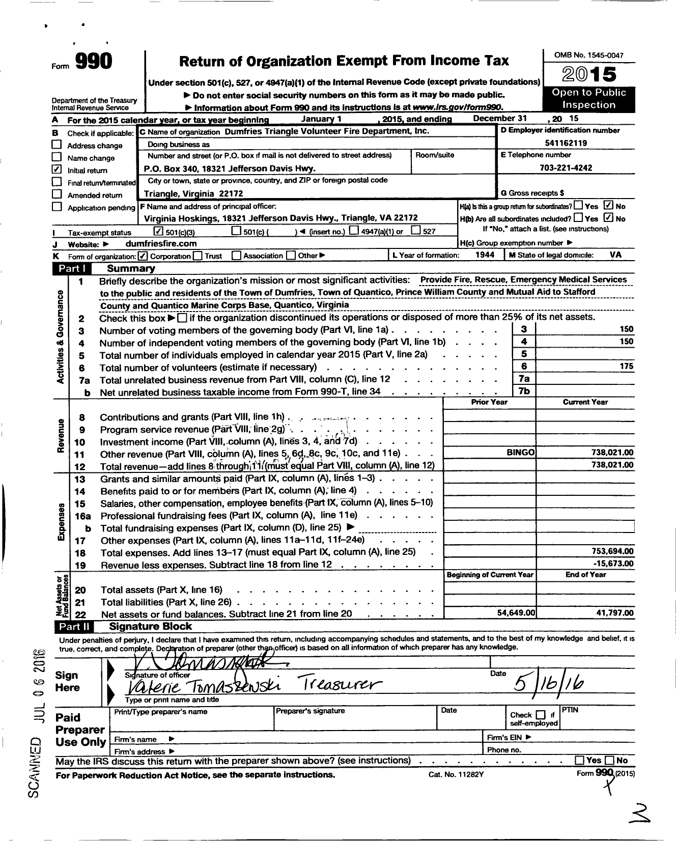 Image of first page of 2015 Form 990 for Dumfries Triangle Volunteer Fire Department