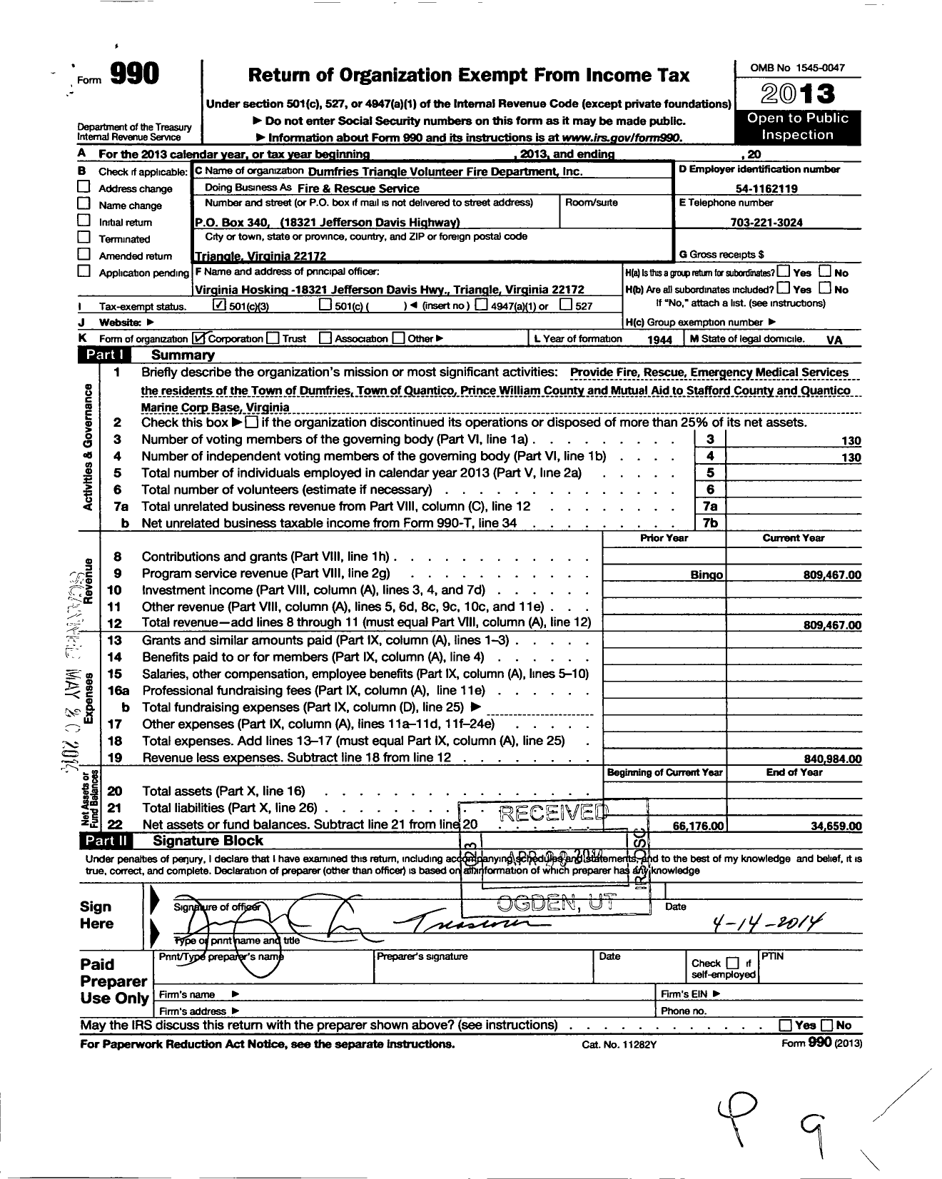 Image of first page of 2013 Form 990 for Dumfries Triangle Volunteer Fire Department