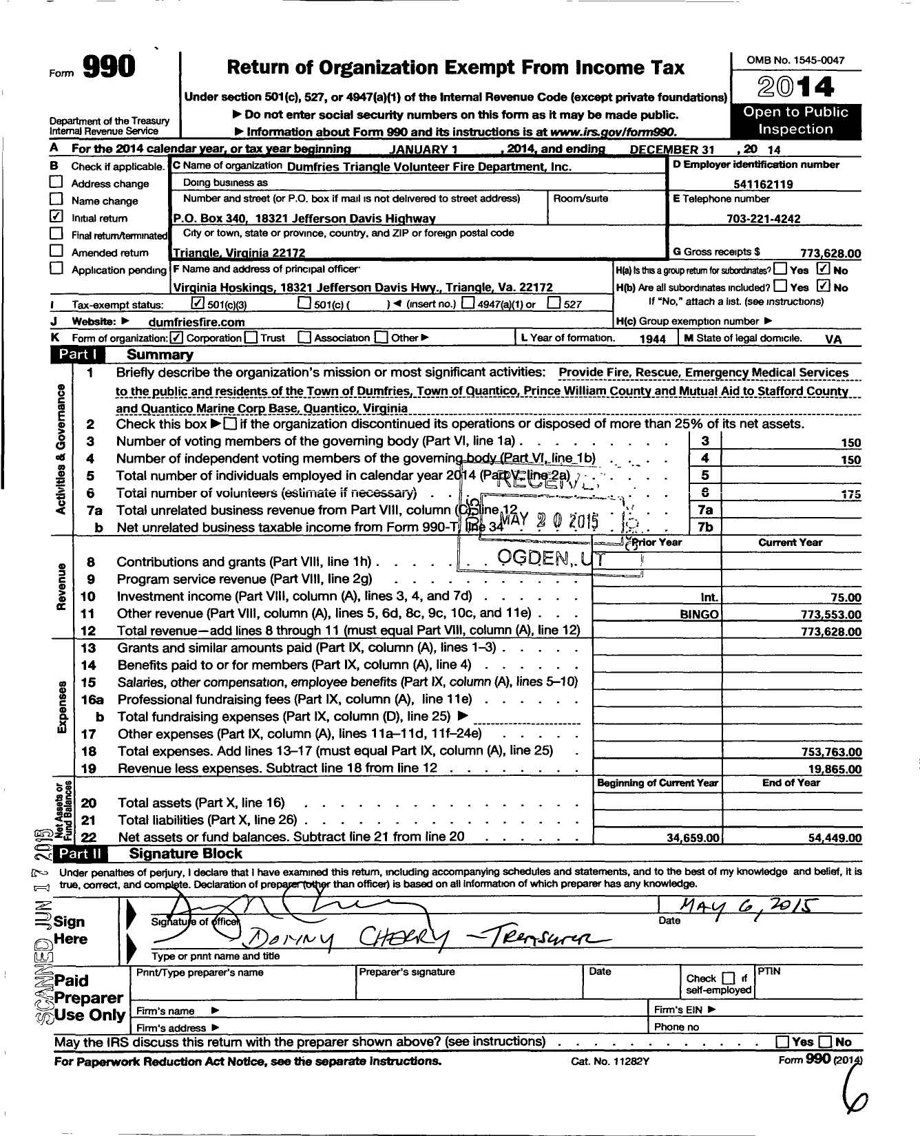 Image of first page of 2014 Form 990 for Dumfries Triangle Volunteer Fire Department