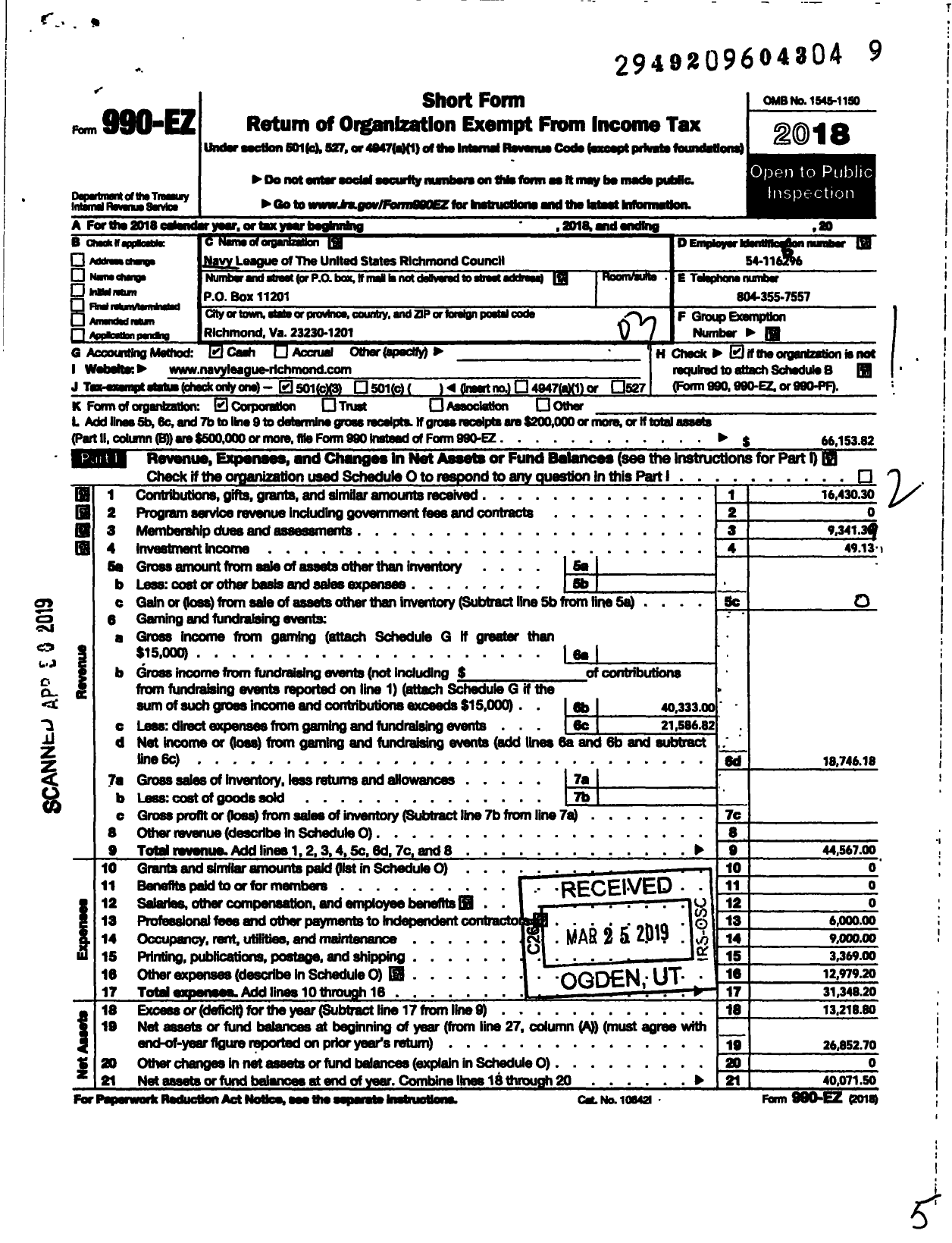 Image of first page of 2018 Form 990EZ for Navy League of the United States Richmond Virginia Council