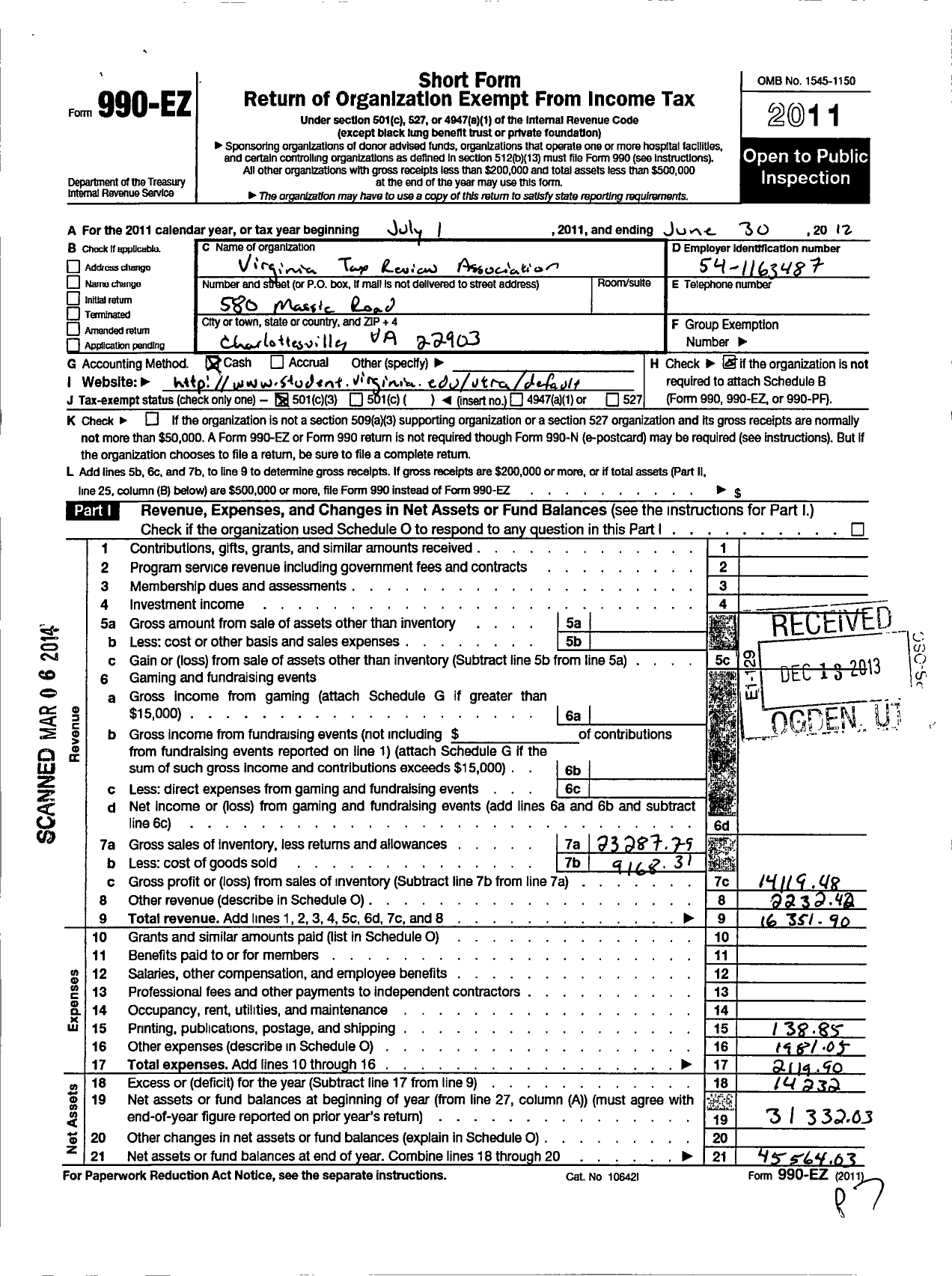 Image of first page of 2011 Form 990EZ for Virginia Tax Review Association