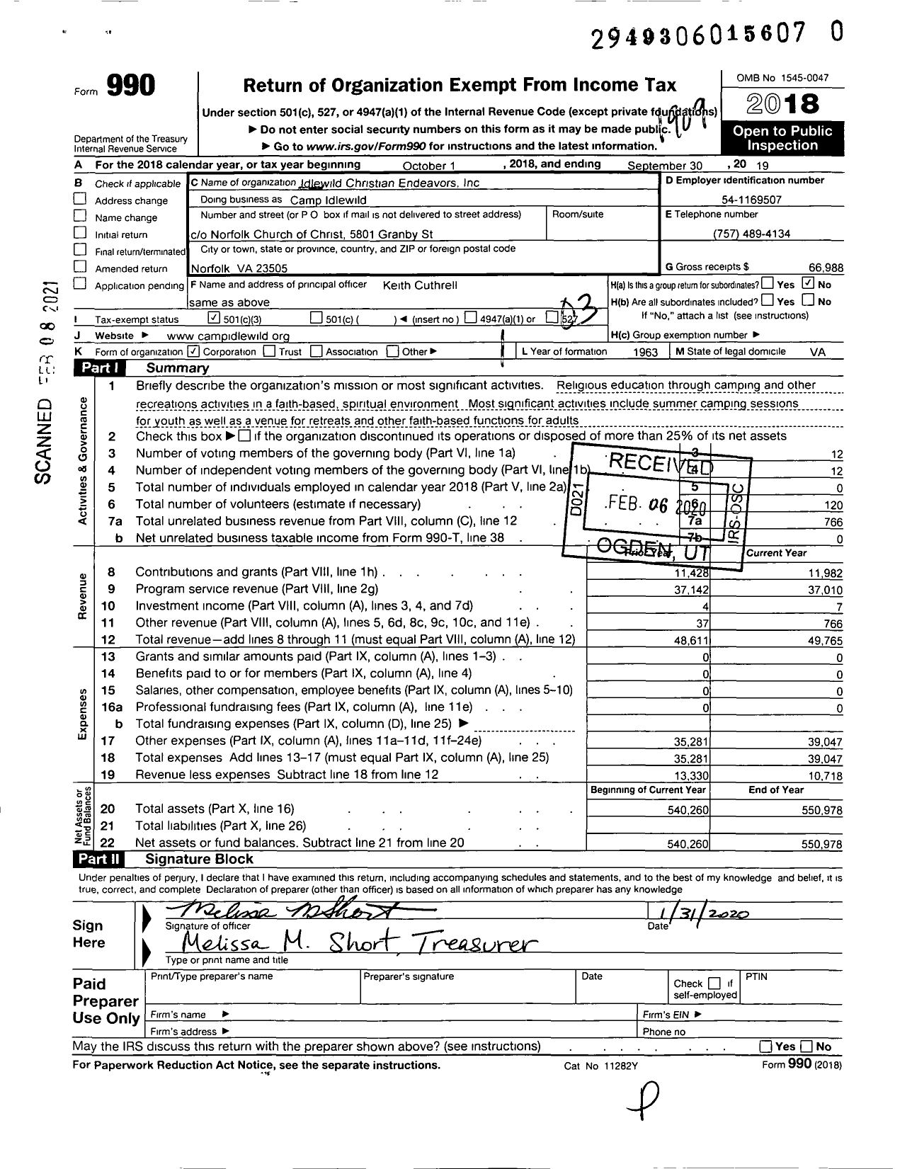 Image of first page of 2018 Form 990 for Camp Idlewild