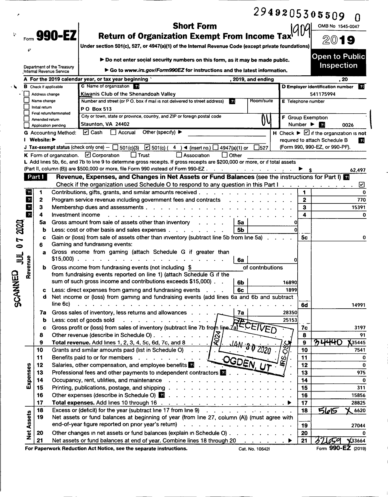 Image of first page of 2018 Form 990EO for Kiwanis INTERNATIONAL - K10343 Shenandoah Valley Staunton