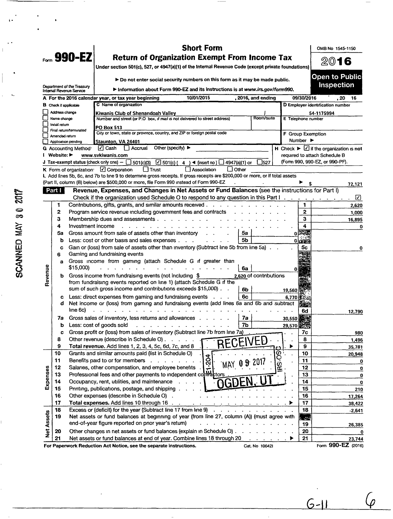 Image of first page of 2015 Form 990EO for Kiwanis INTERNATIONAL - K10343 Shenandoah Valley Staunton