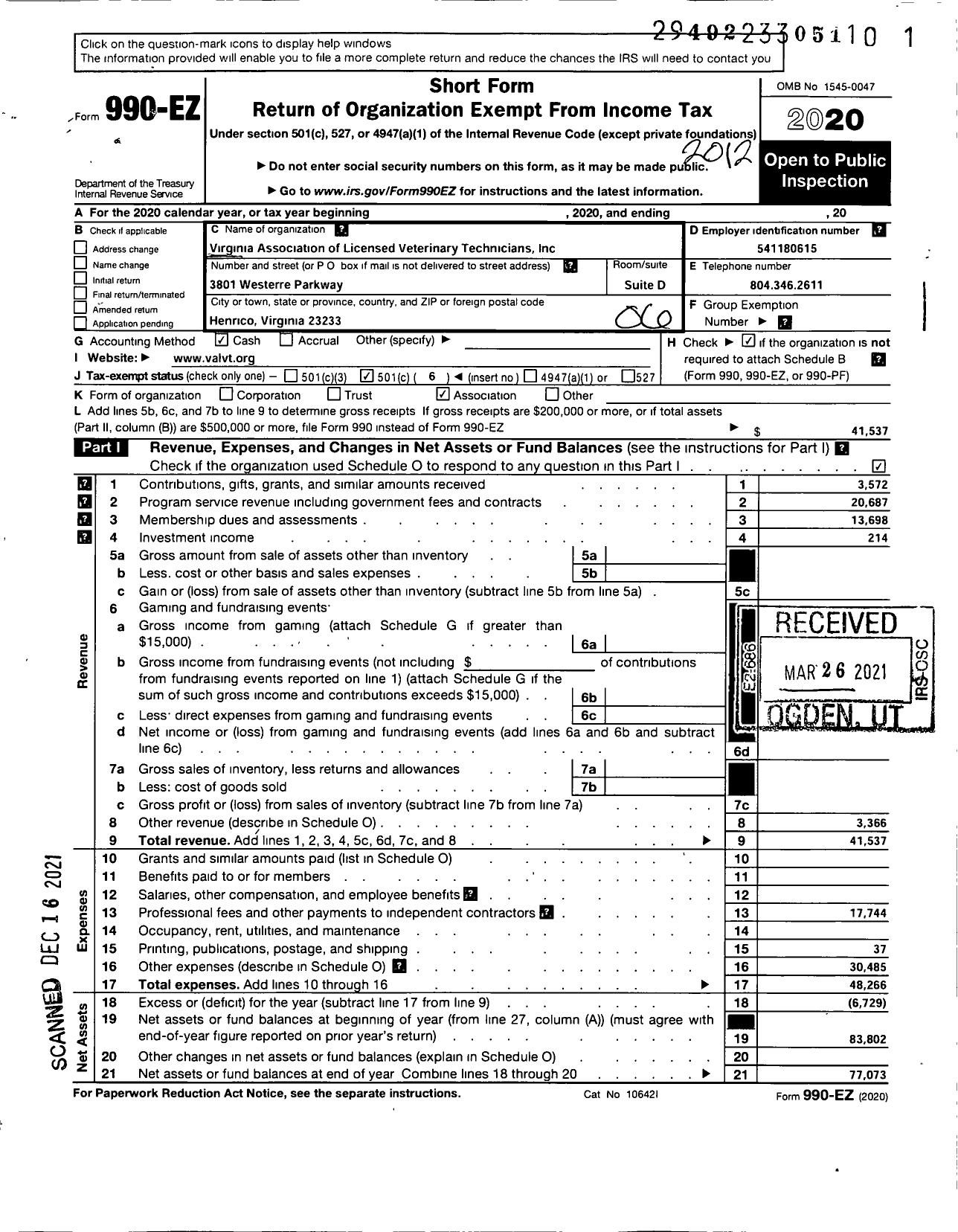 Image of first page of 2020 Form 990EO for Virginia Association of Licensed Veterinary Technicians