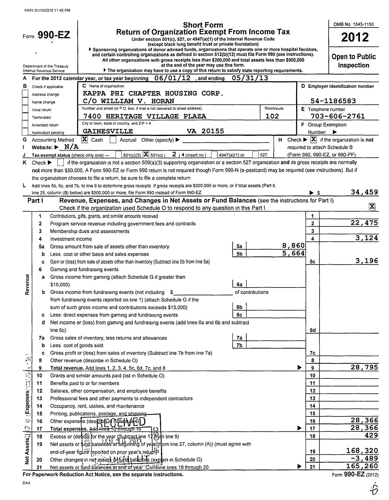 Image of first page of 2012 Form 990EO for Kappa Sigma Fraternity - 220 Kappa-Phi Chapter