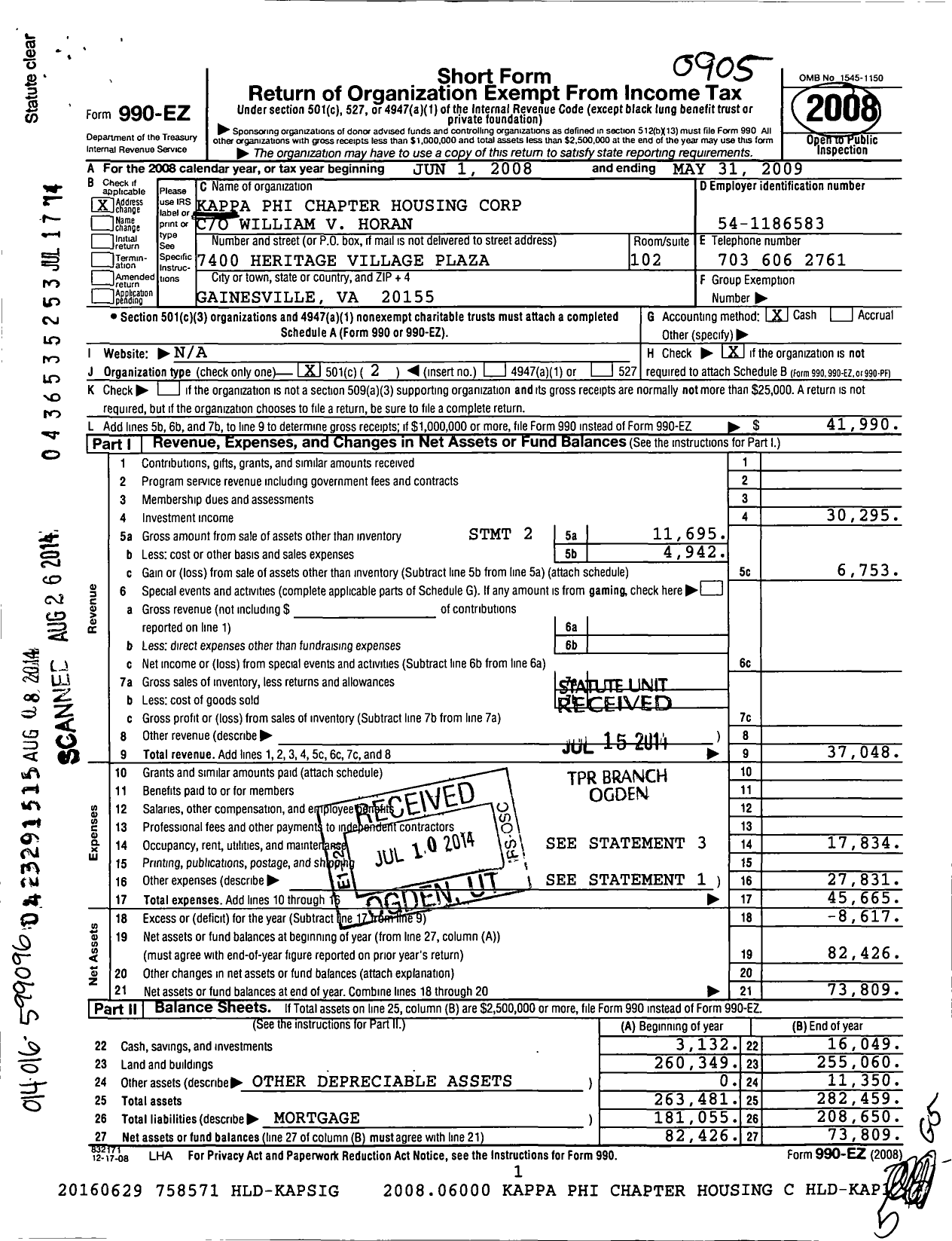 Image of first page of 2008 Form 990EO for Kappa Sigma Fraternity - 220 Kappa-Phi Chapter