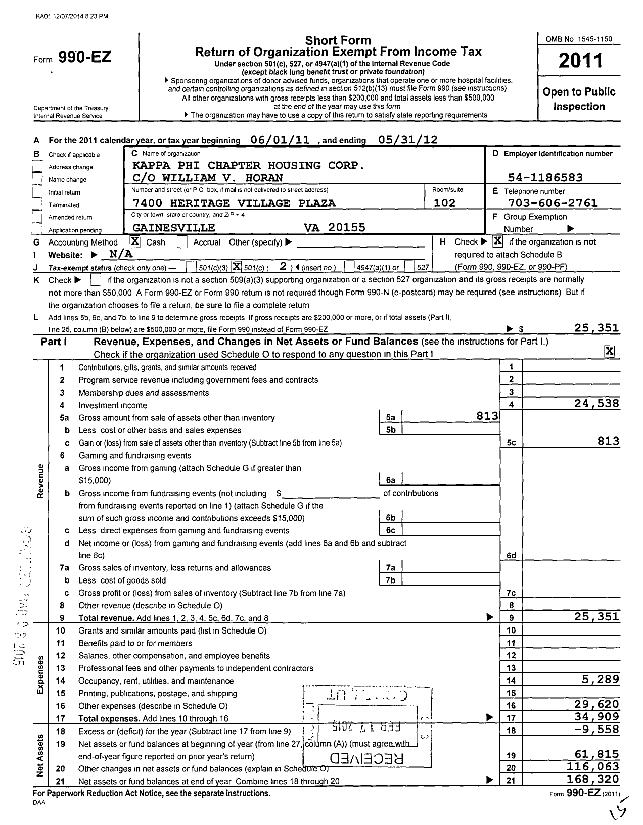 Image of first page of 2011 Form 990EO for Kappa Sigma Fraternity - 220 Kappa-Phi Chapter