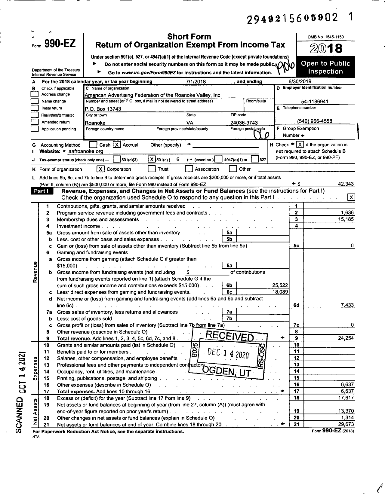 Image of first page of 2018 Form 990EO for Advertising Federation of the Roanoke Valley