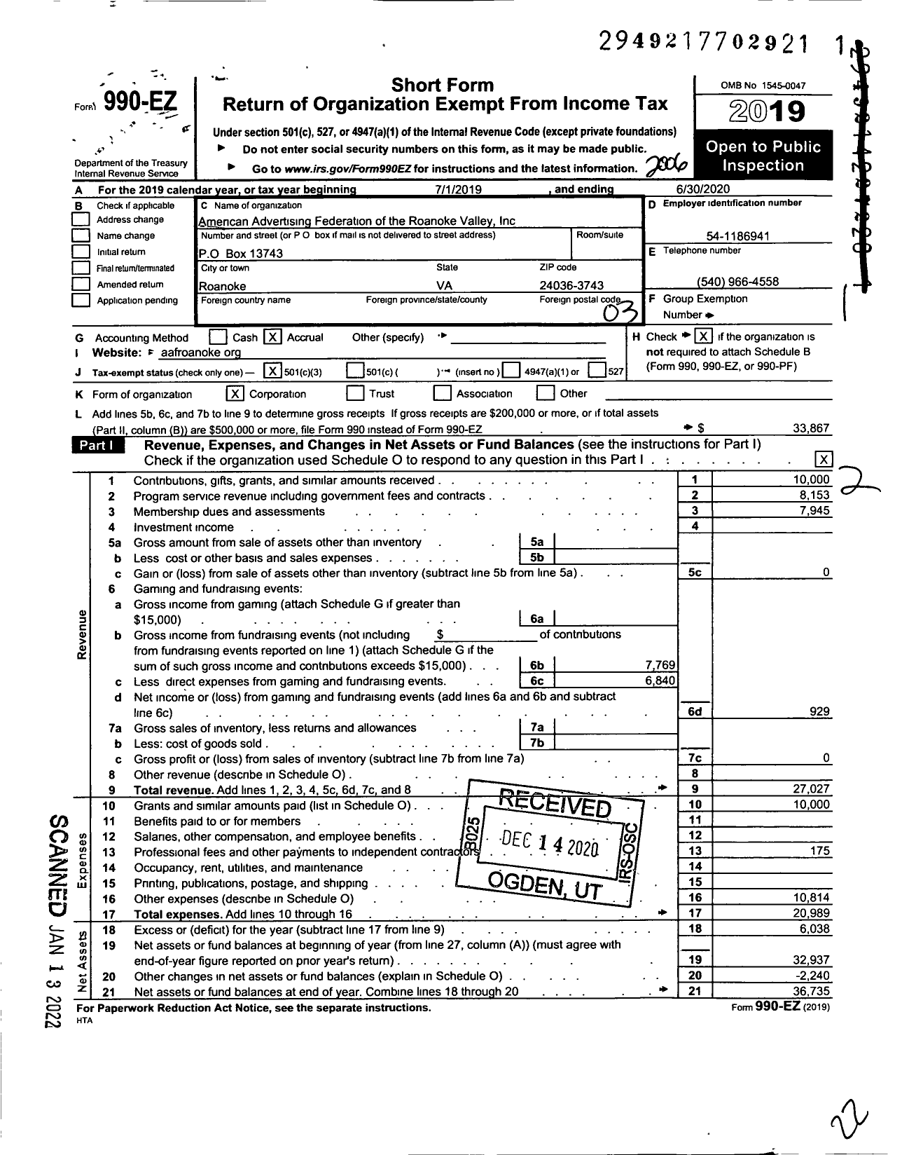 Image of first page of 2019 Form 990EZ for Advertising Federation of the Roanoke Valley