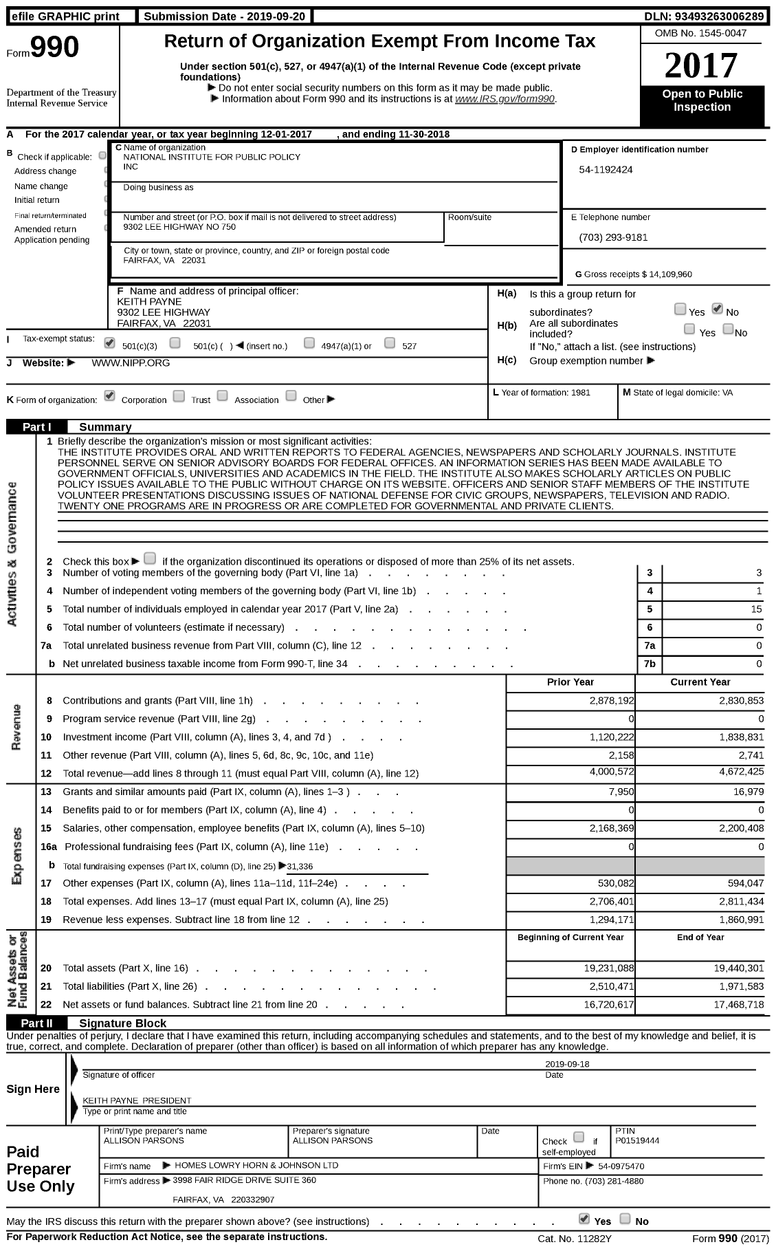 Image of first page of 2017 Form 990 for National Institute for Public Policy
