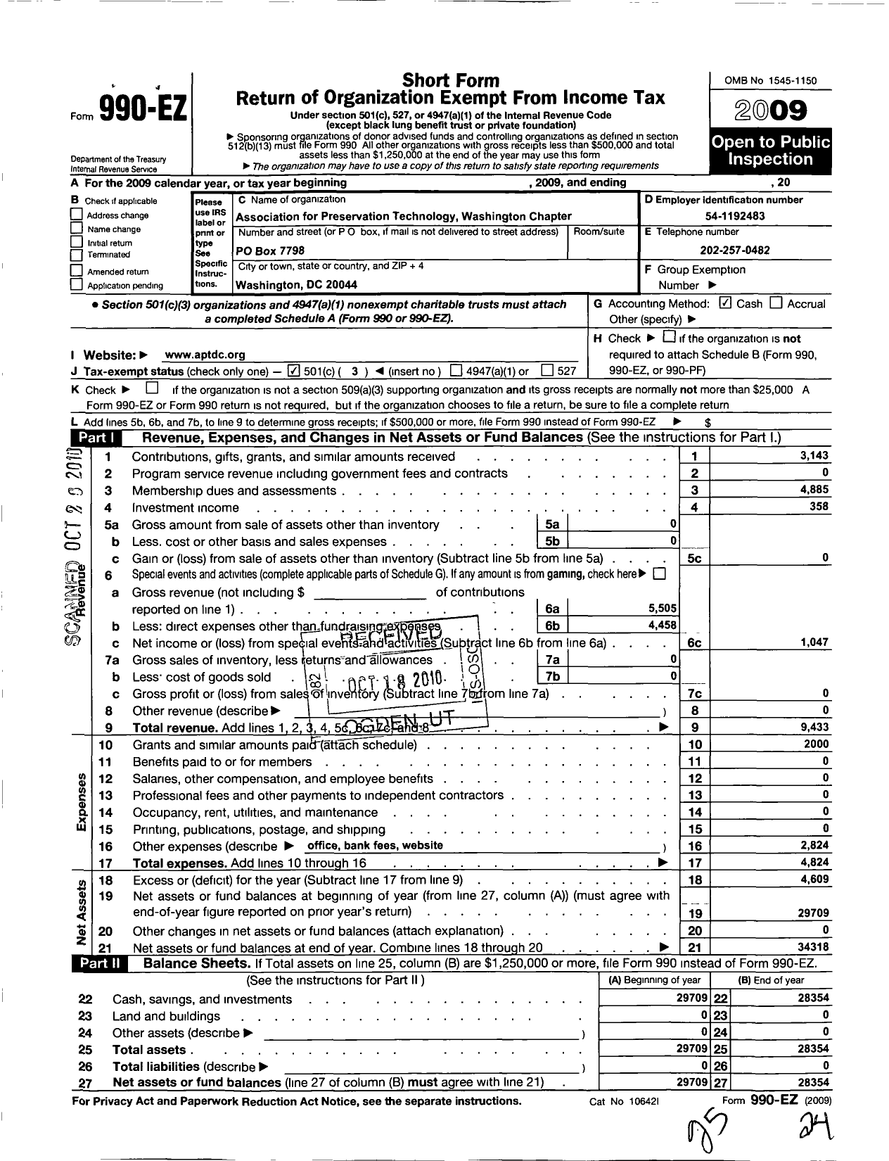 Image of first page of 2009 Form 990EZ for Apt Washington Chapter Incorporated