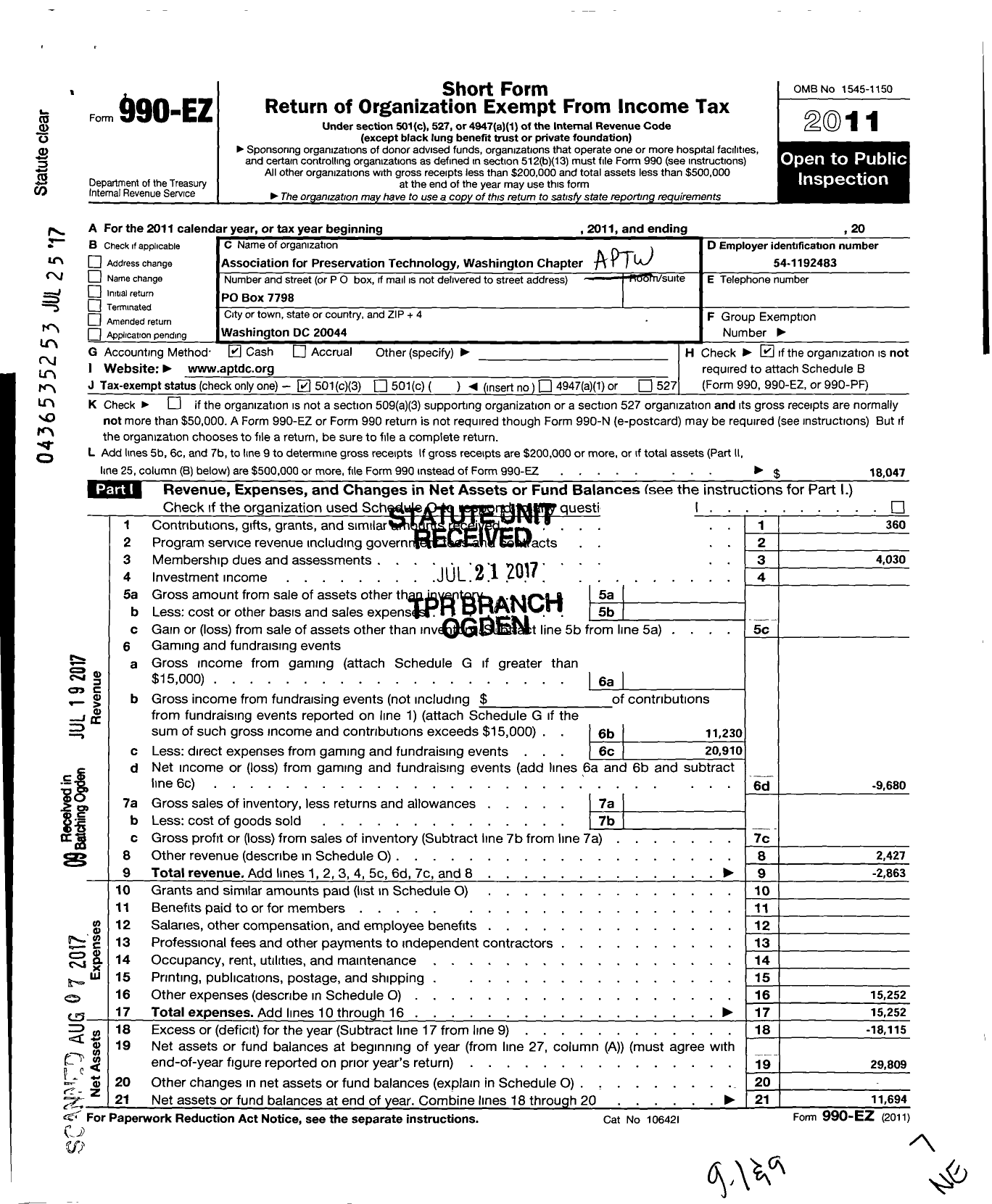 Image of first page of 2011 Form 990EZ for Apt Washington Chapter Incorporated