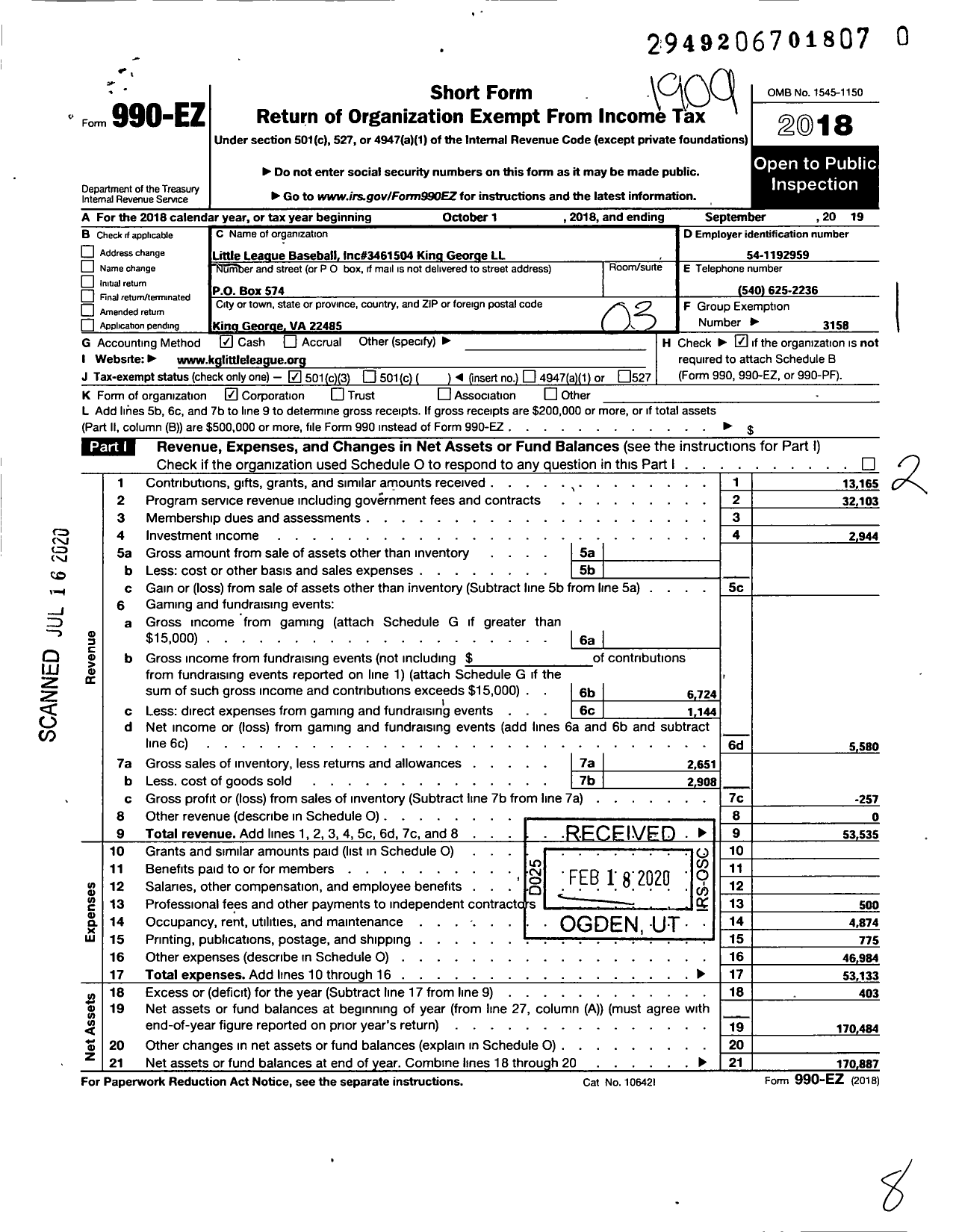 Image of first page of 2018 Form 990EZ for LITTLE LEAGUE BASEBALL - 3461504 King George LITTLE LEAGUE