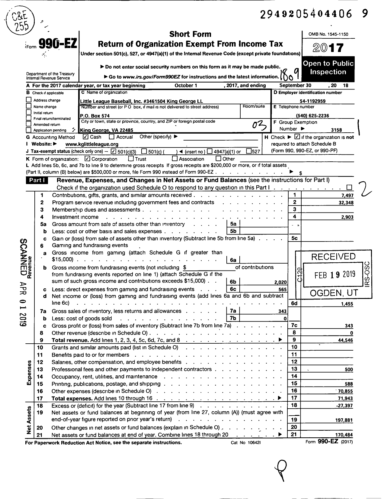 Image of first page of 2017 Form 990EZ for LITTLE LEAGUE BASEBALL - 3461504 King George LITTLE LEAGUE