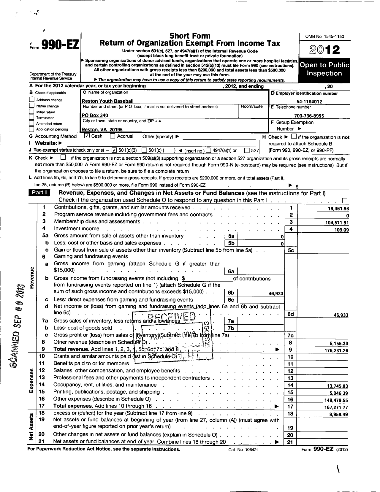 Image of first page of 2012 Form 990EZ for Reston Youth Baseball