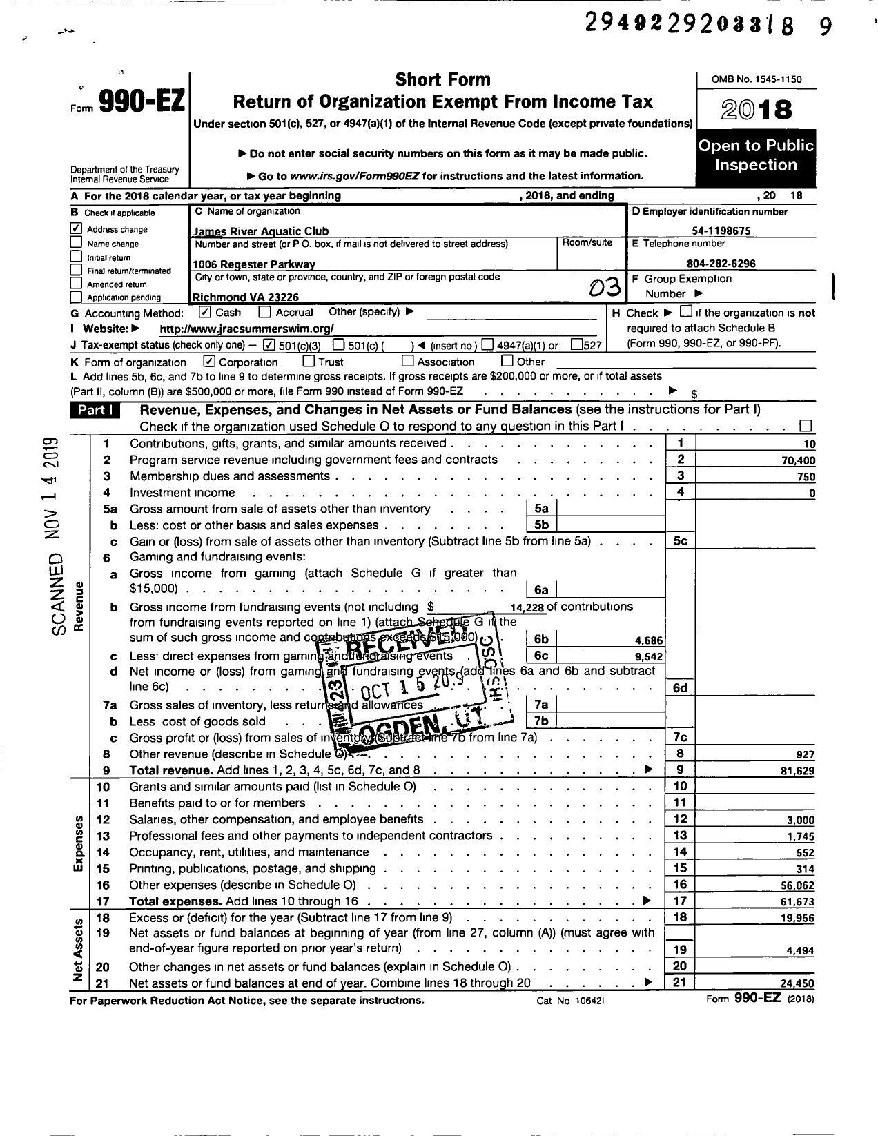 Image of first page of 2018 Form 990EZ for James River Aquatic Club