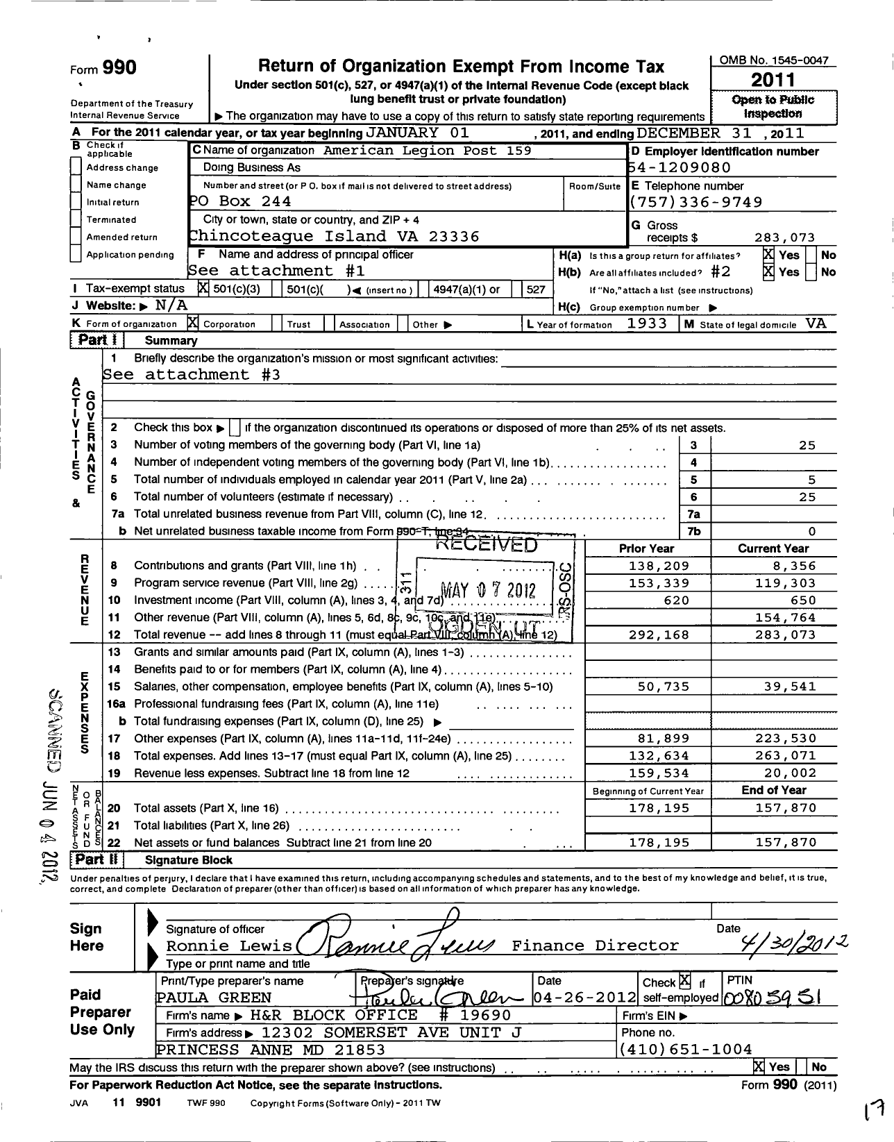 Image of first page of 2011 Form 990 for American Legion Post 159 / 159 Post Chincoteague Dept of Va