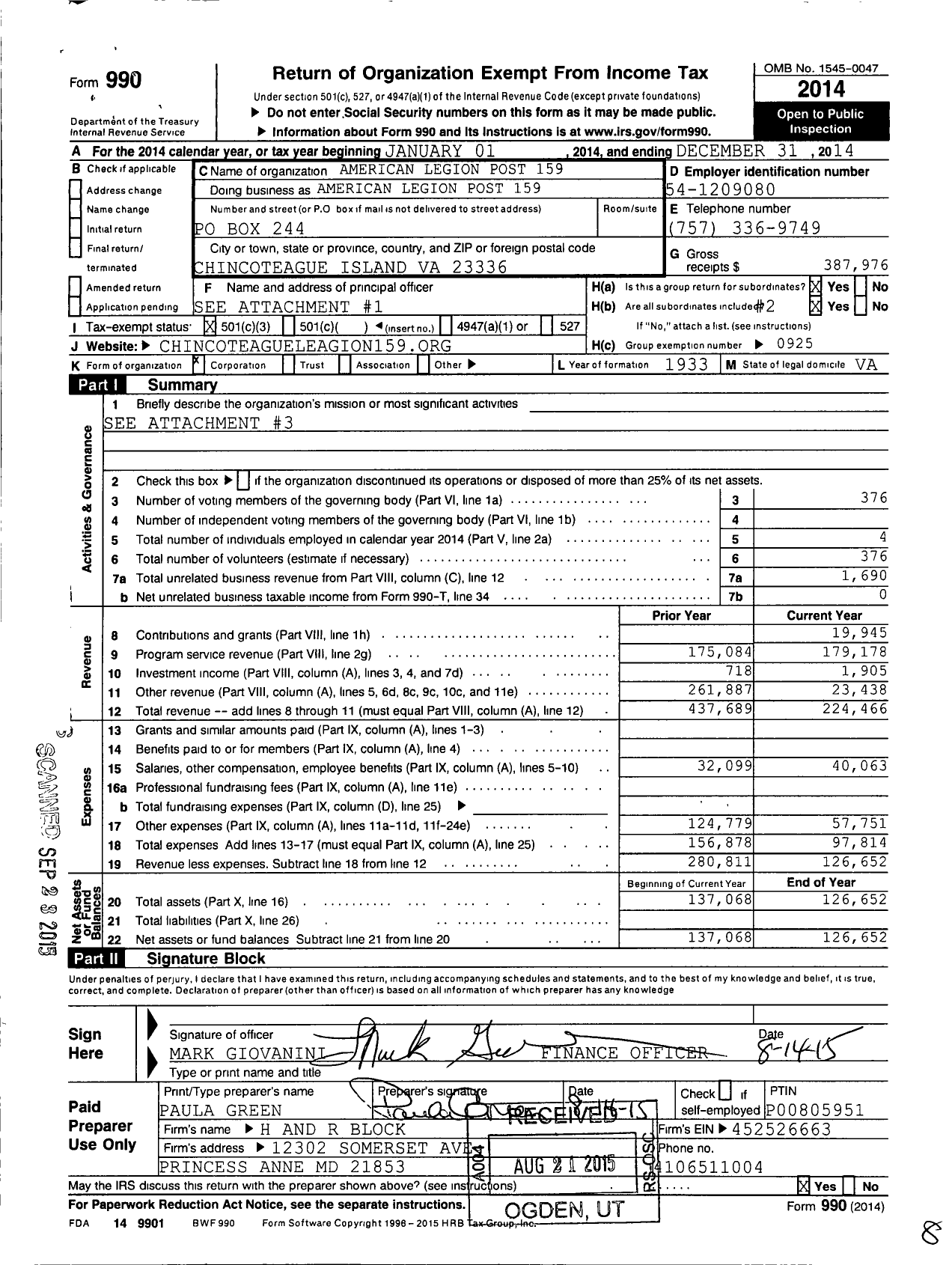 Image of first page of 2014 Form 990 for American Legion Post 159 / 159 Post Chincoteague Dept of Va