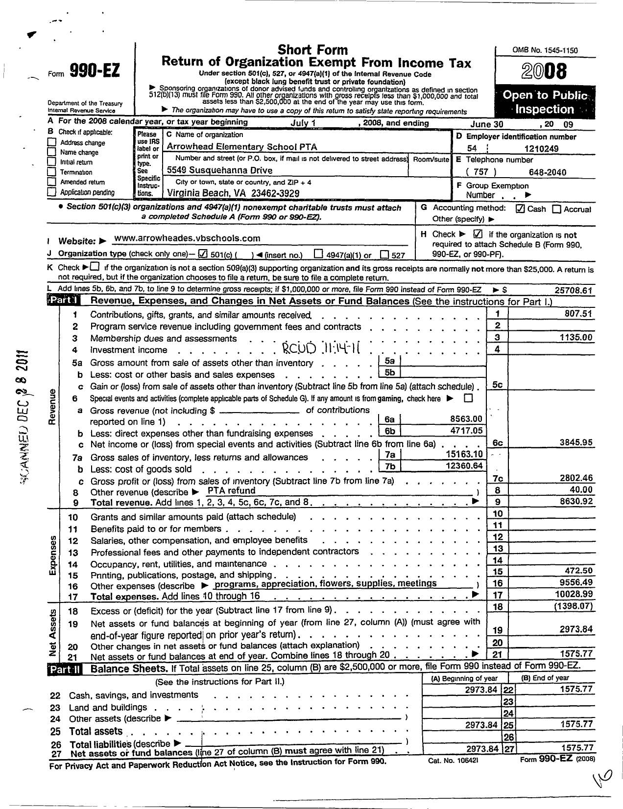 Image of first page of 2008 Form 990EO for Arrowhead PTA