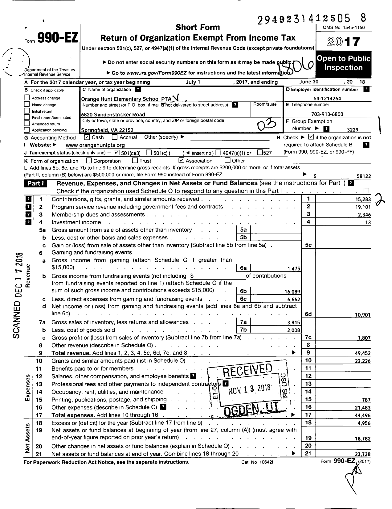 Image of first page of 2017 Form 990EZ for Virginia PTA - Orange Hunt Elem PTA