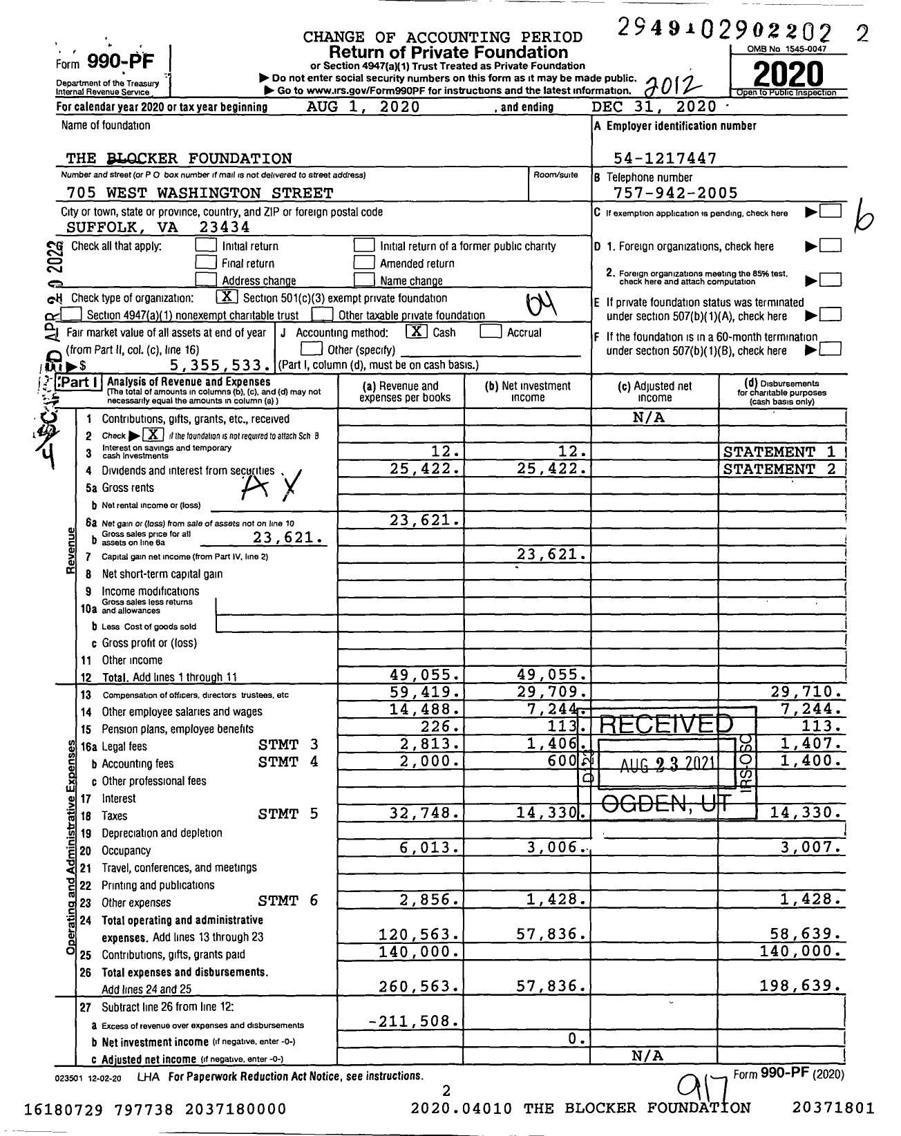 Image of first page of 2020 Form 990PF for The Blocker Foundation