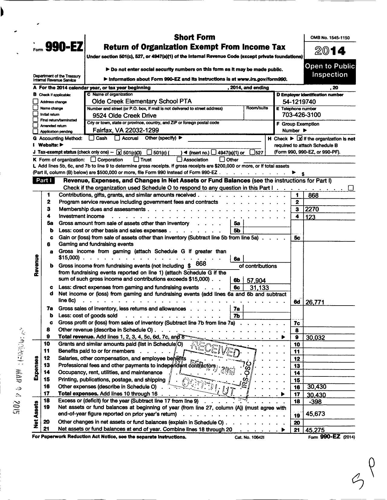 Image of first page of 2014 Form 990EZ for Virginia PTA - Olde Creek Elementary PTA