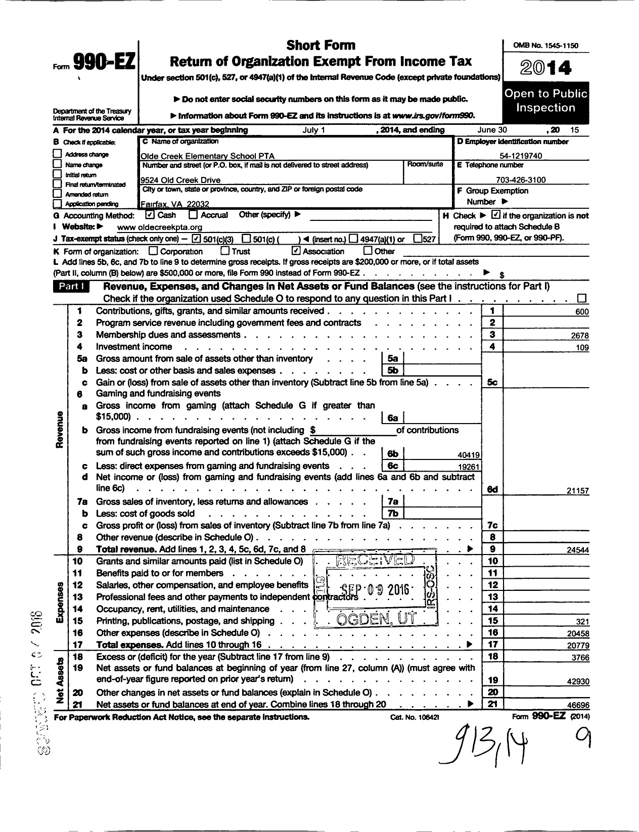 Image of first page of 2014 Form 990EZ for Virginia PTA - Olde Creek Elementary PTA